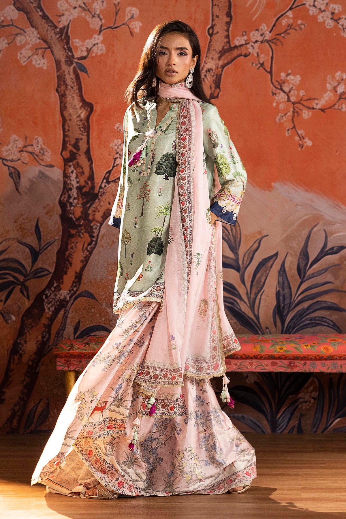 Stitched Printed Satin Suit