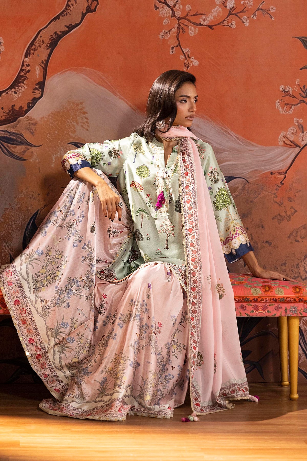 Stitched Printed Satin Suit