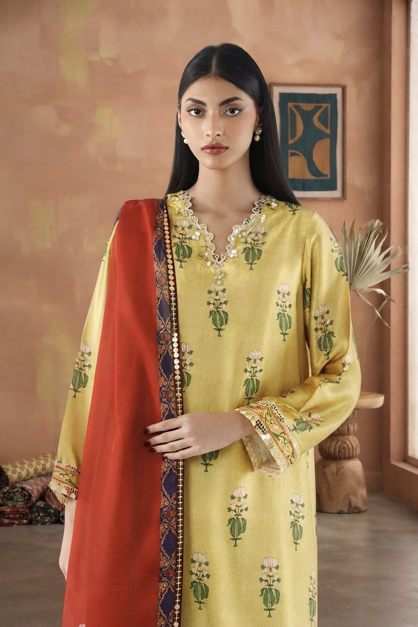 Stitched Printed Satin Suit Secondary image