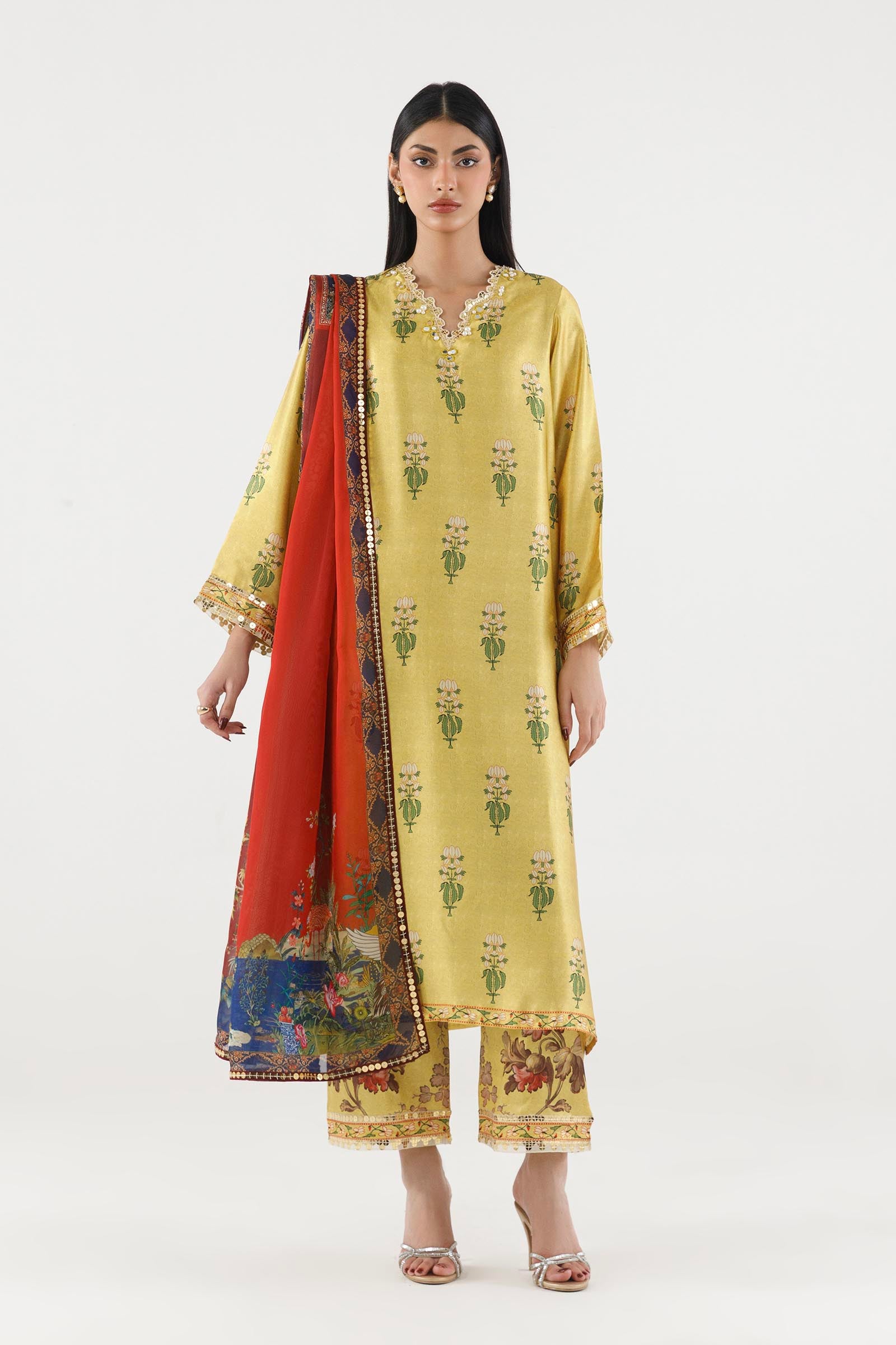 Stitched Printed Satin Suit Main image