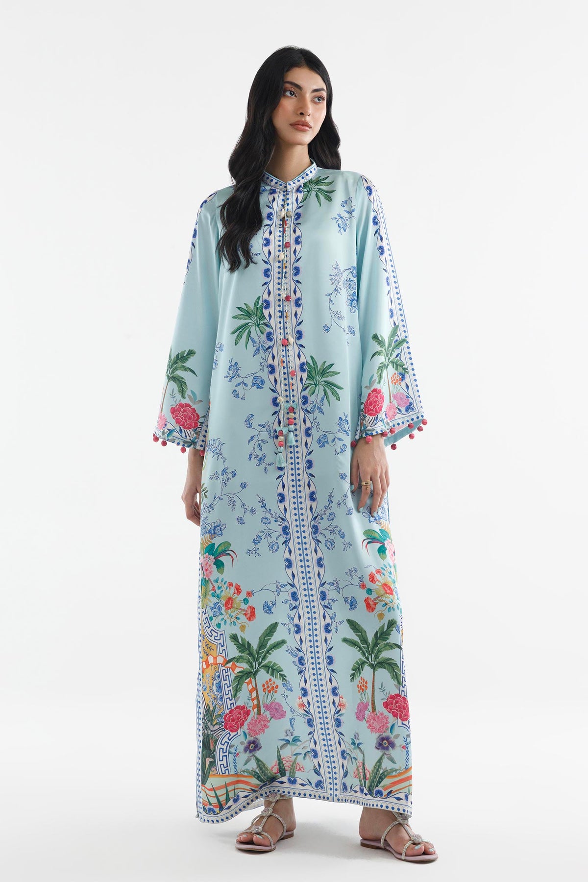 Stitched Printed Satin Kaftan