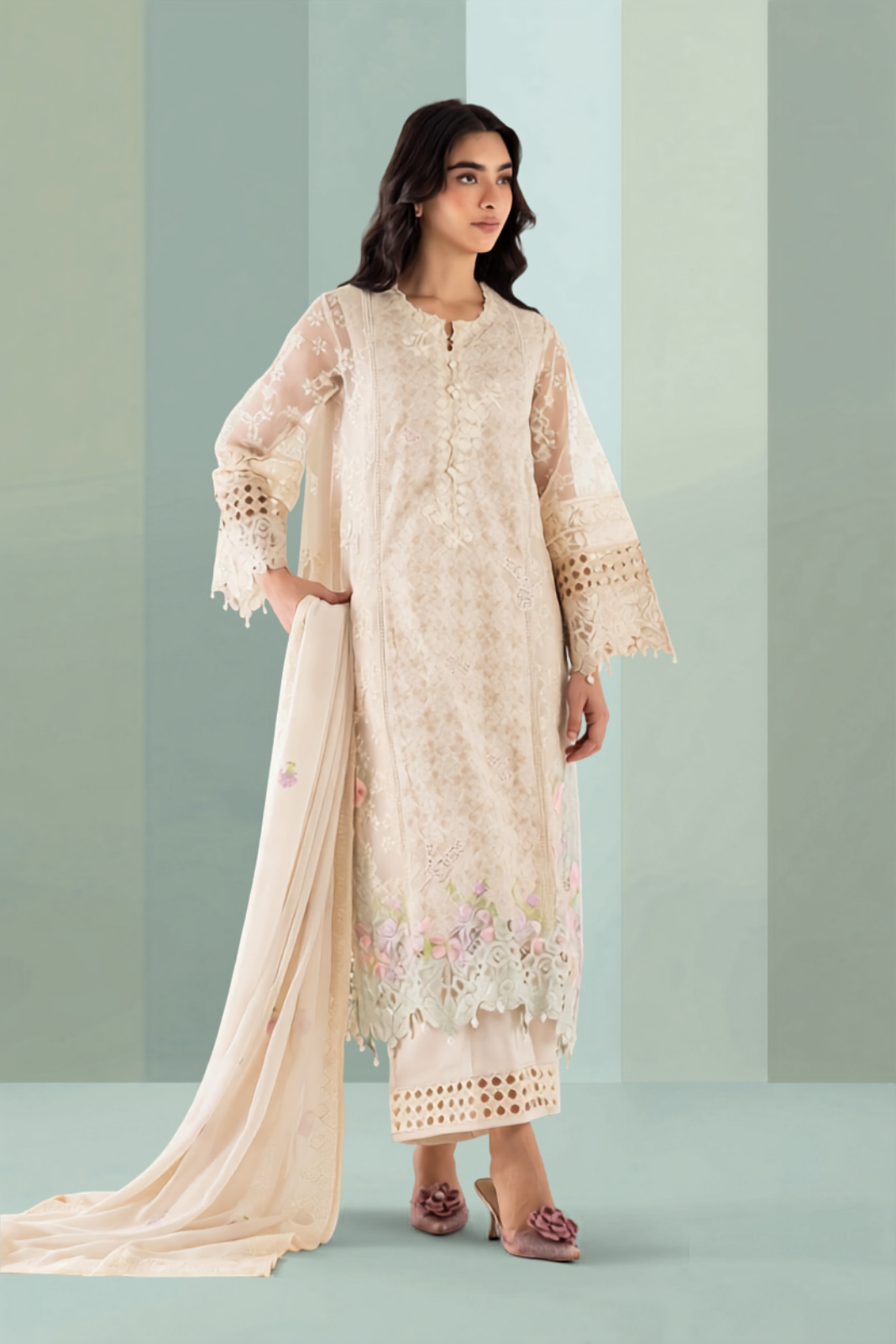 Stitched Organza Embroidered Suit Main image
