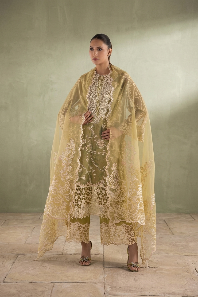 Stitched Embroidered Organza Suit
