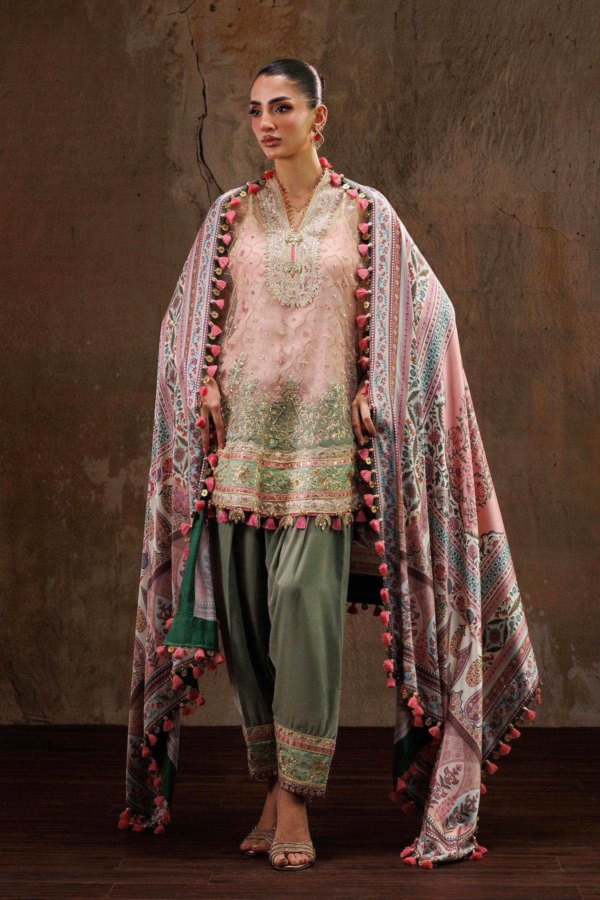 Unstitched Printed 3 Piece Raw Silk & Net Suit Main image