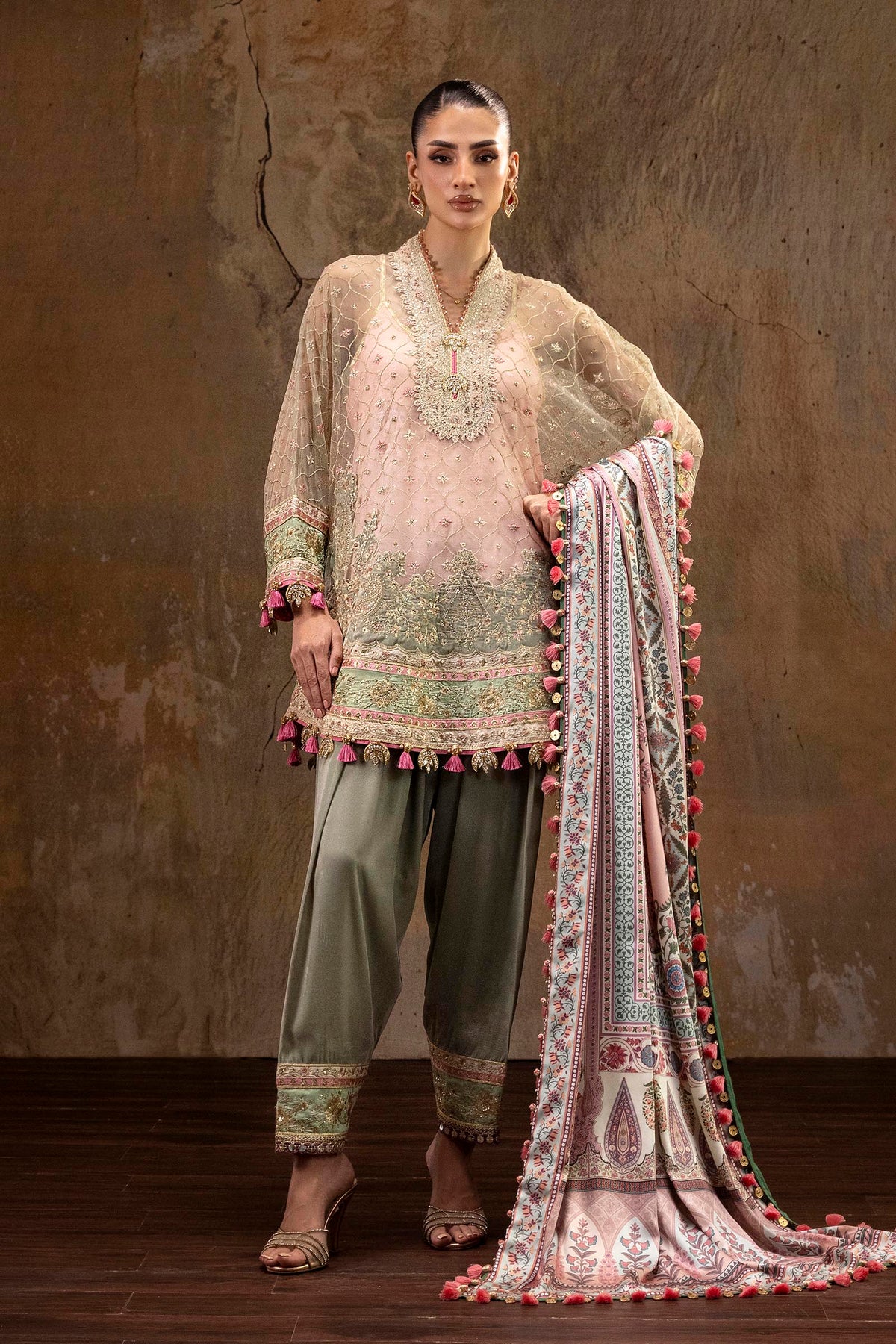 Unstitched Printed 3 Piece Raw Silk & Net Suit