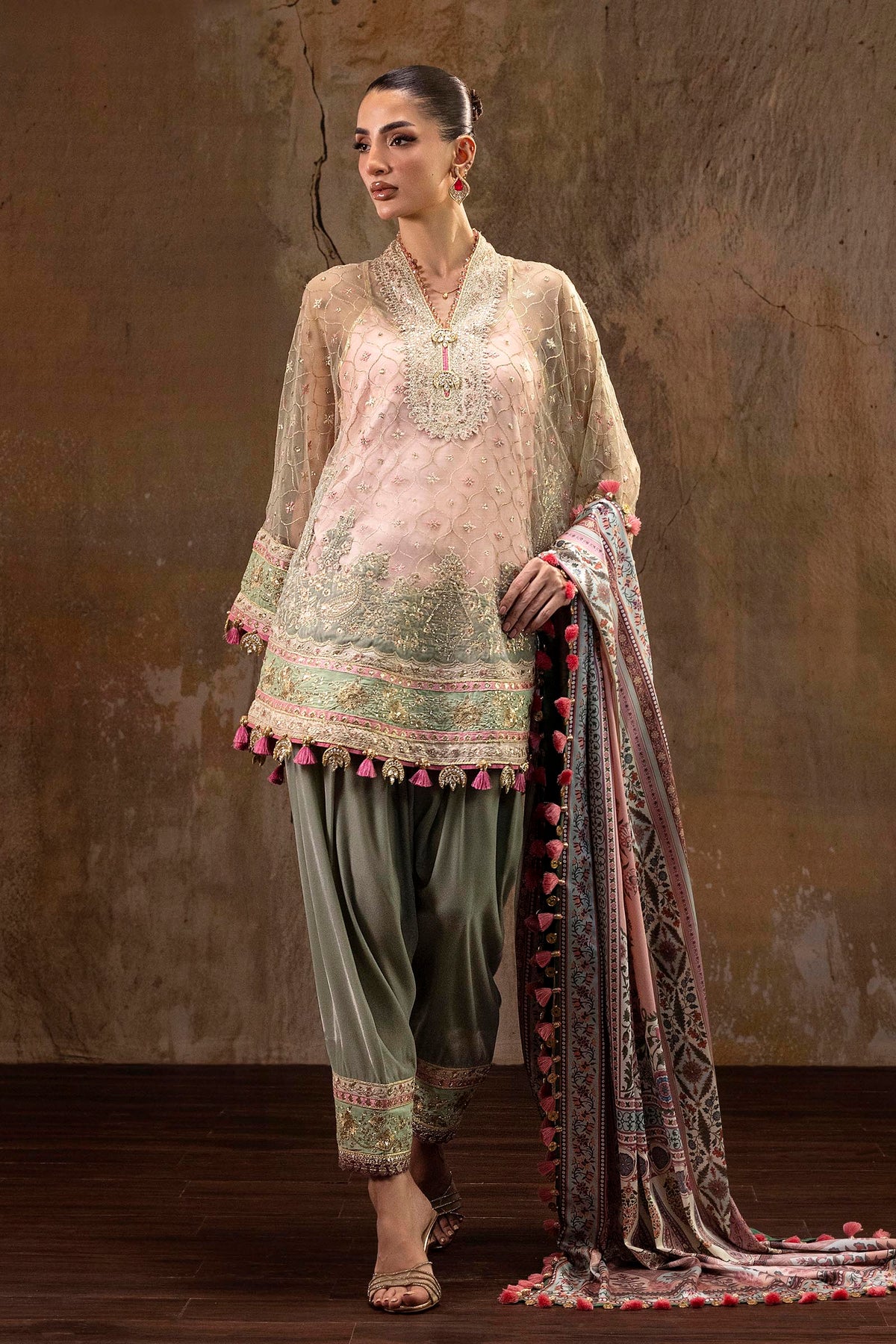 Unstitched Printed 3 Piece Raw Silk & Net Suit