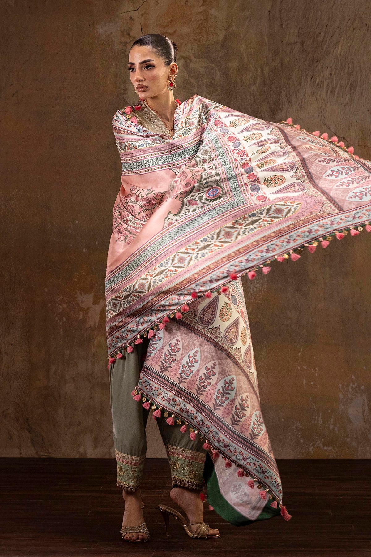 Unstitched Printed 3 Piece Raw Silk & Net Suit