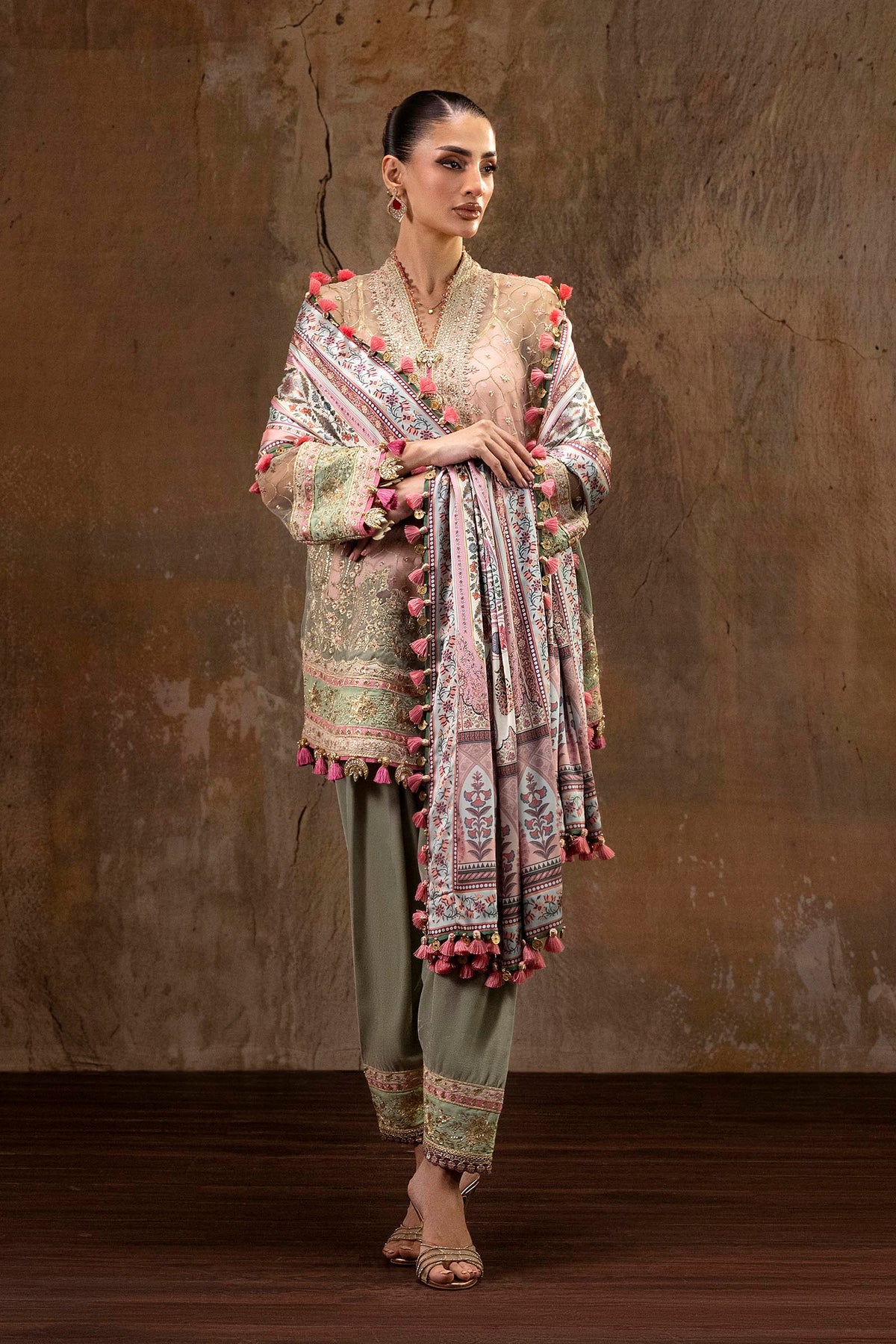 Unstitched Printed 3 Piece Raw Silk & Net Suit