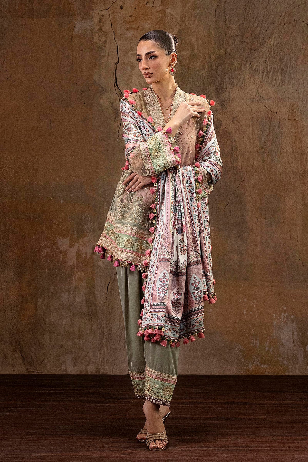 Unstitched Printed 3 Piece Raw Silk & Net Suit