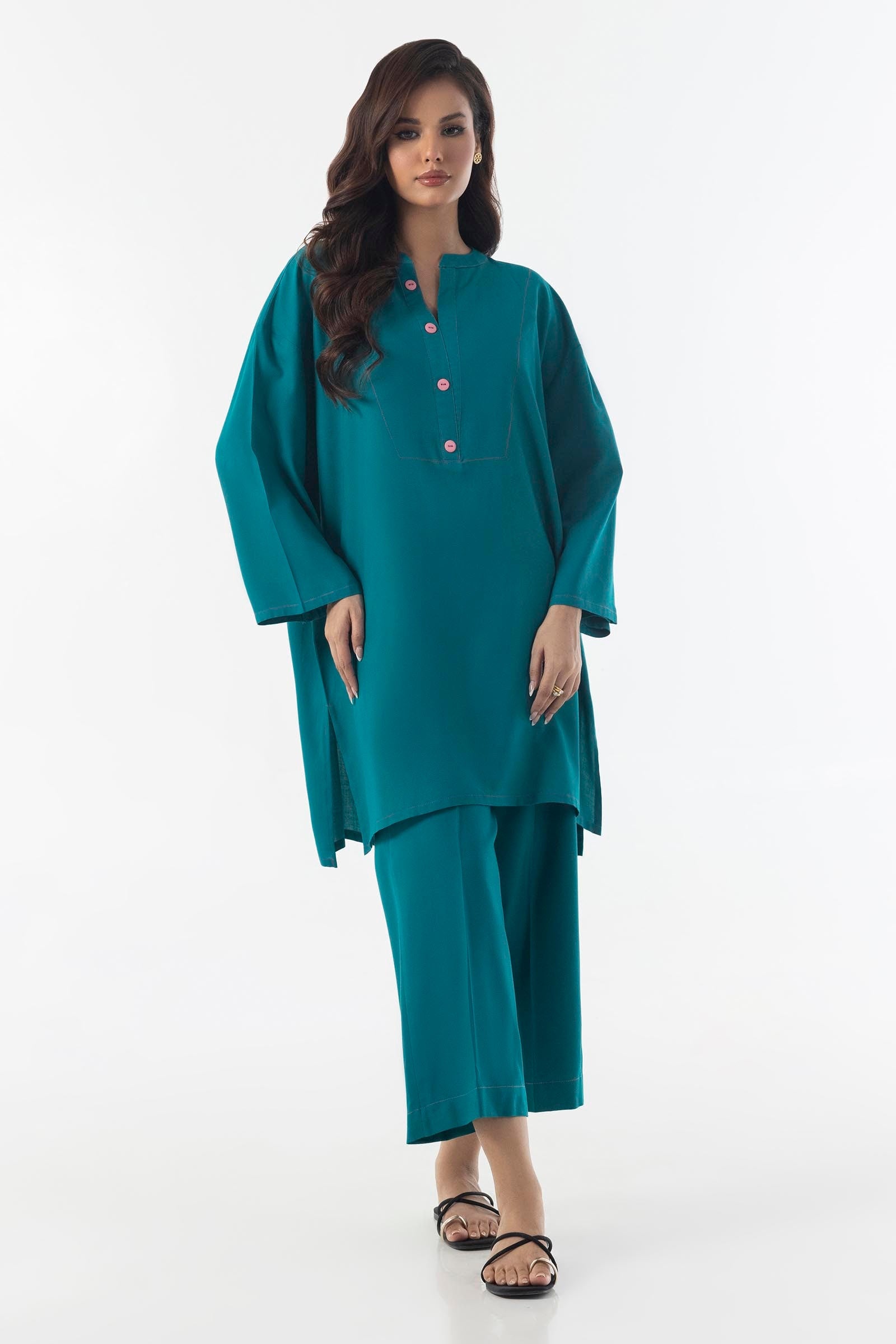Stitched Ocean green Basic Printed Shirt+Culotte Main image