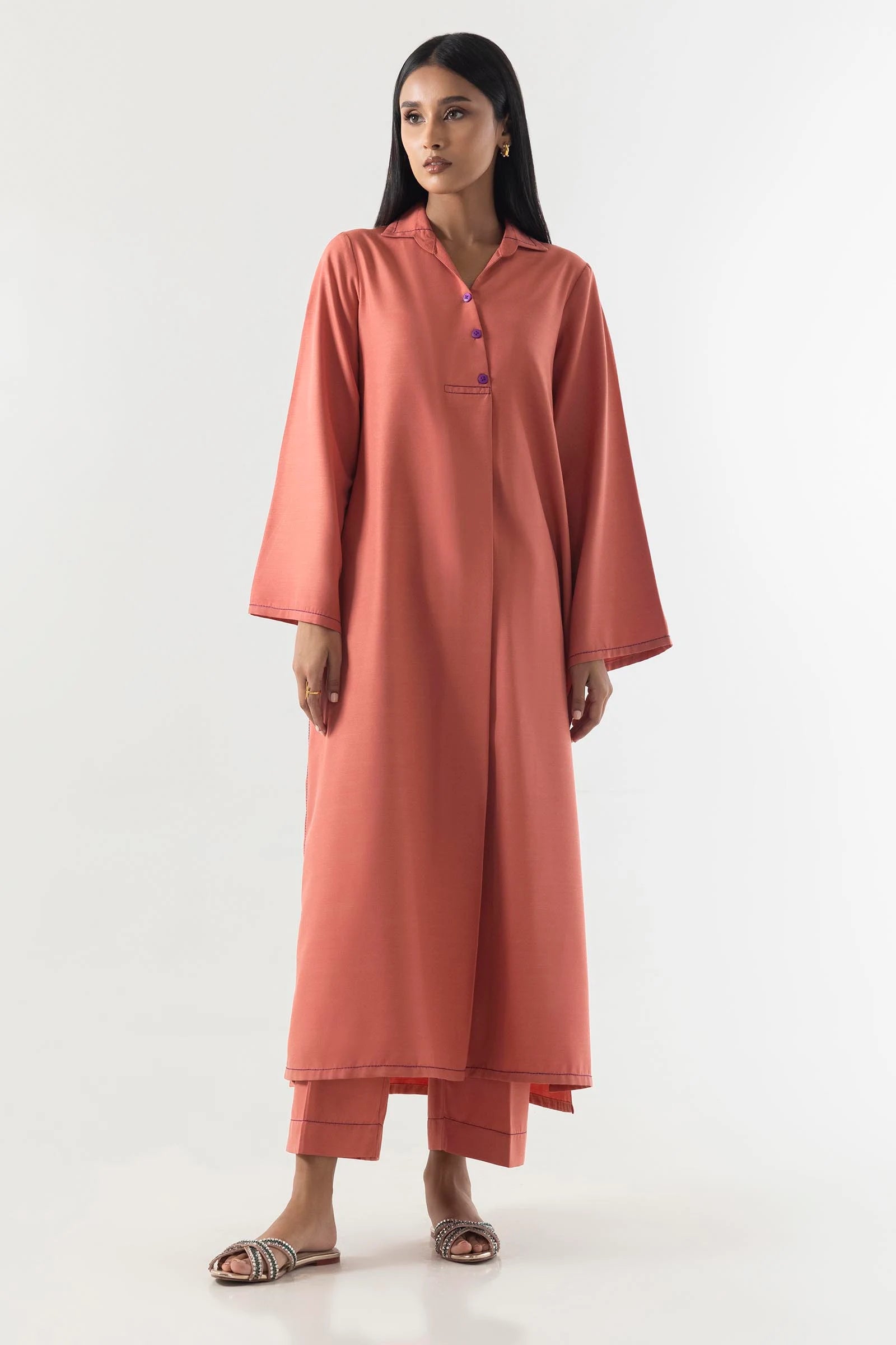 Stitched Coral Red Basic Printed Shirt+Culotte Main image