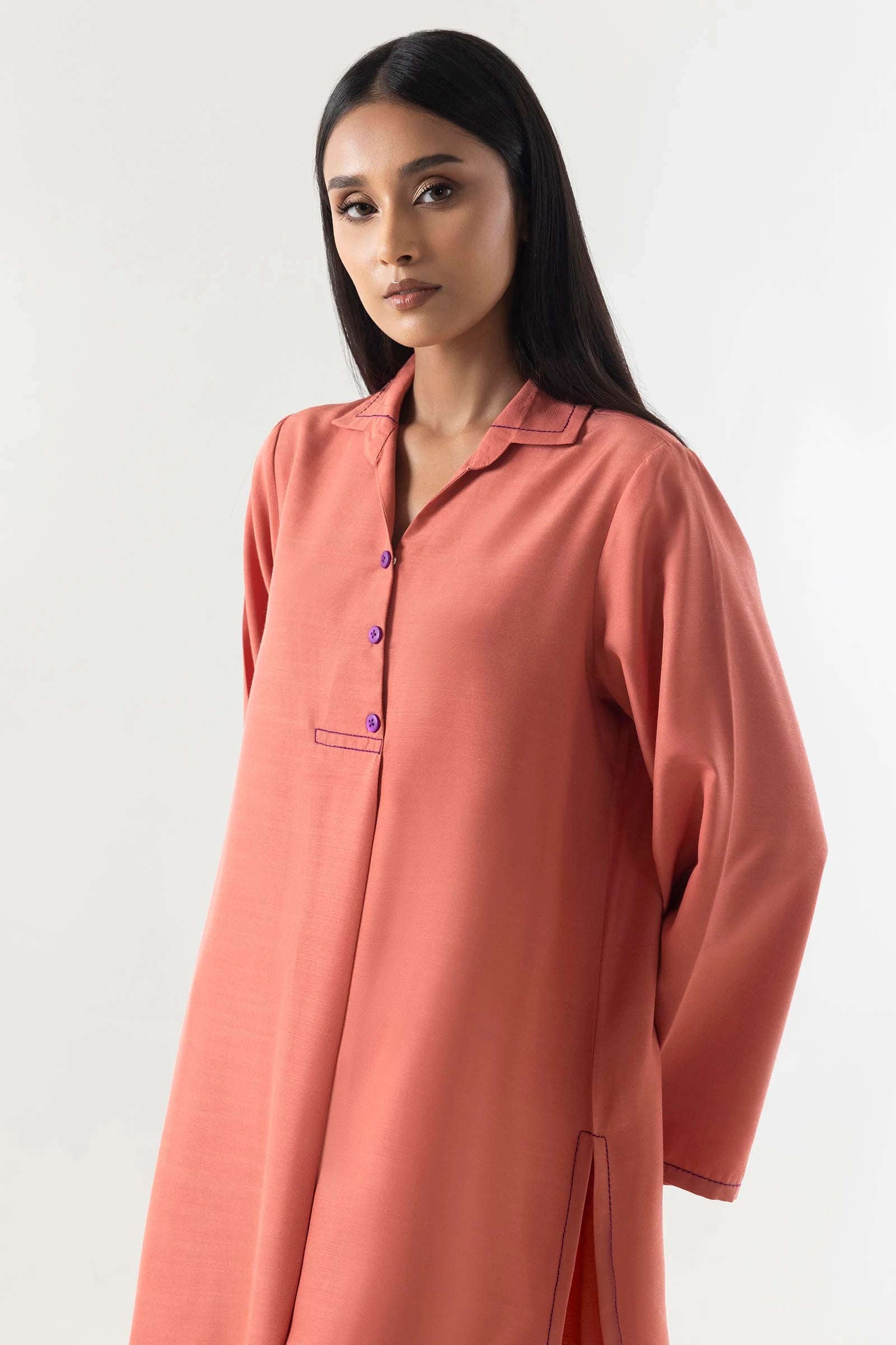 Stitched Coral Red Basic Printed Shirt+Culotte