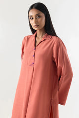 Stitched Coral Red Basic Printed Shirt+Culotte