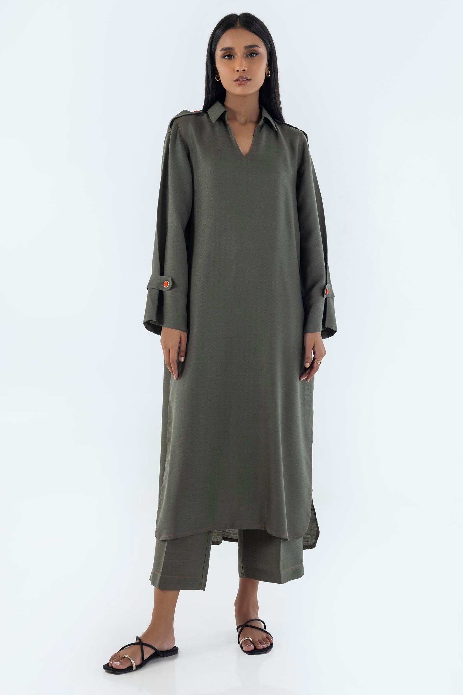 Stitched Olive Printed Shirt + Culotte