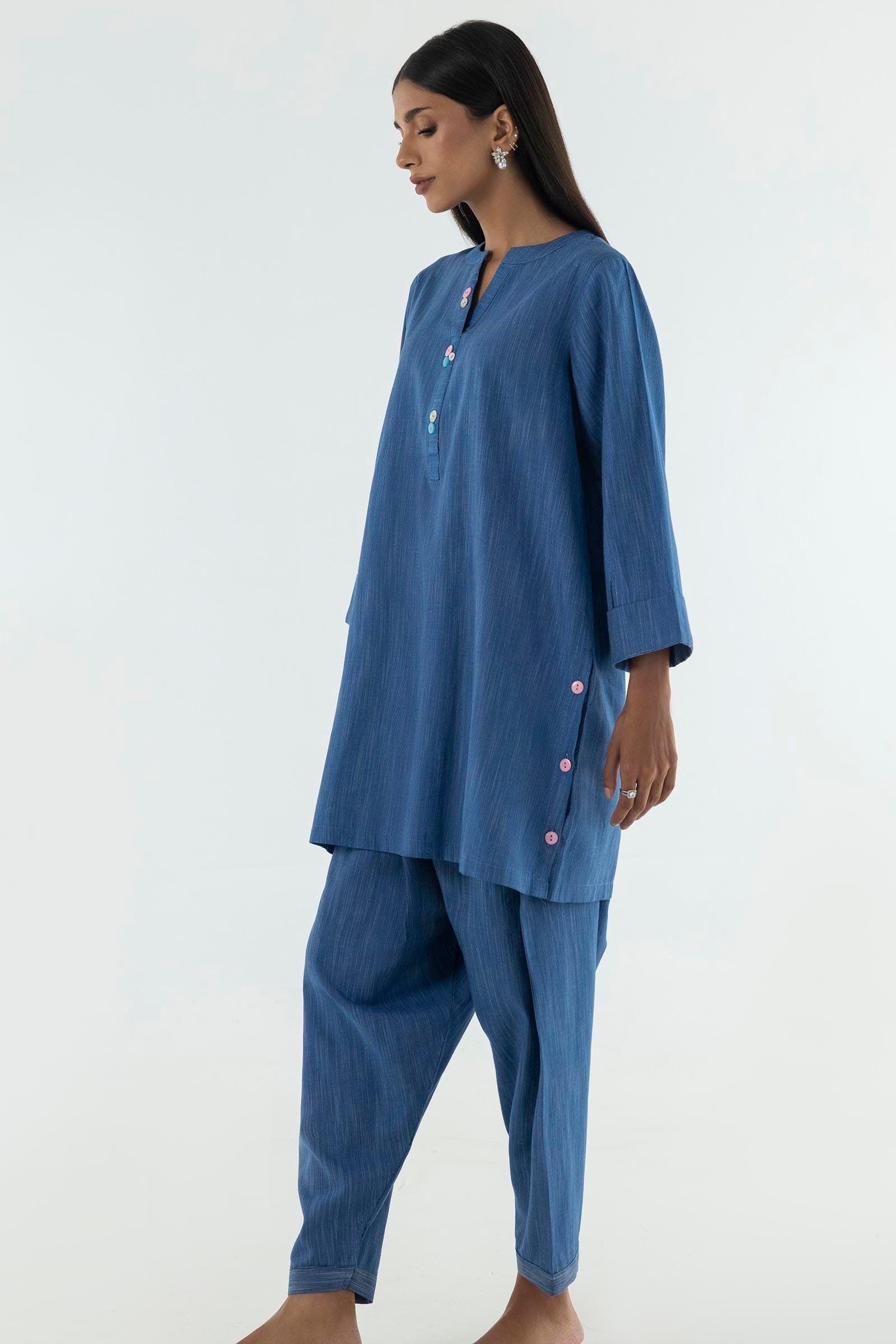Stitched Blue Printed Shirt + Shalwar Secondary image