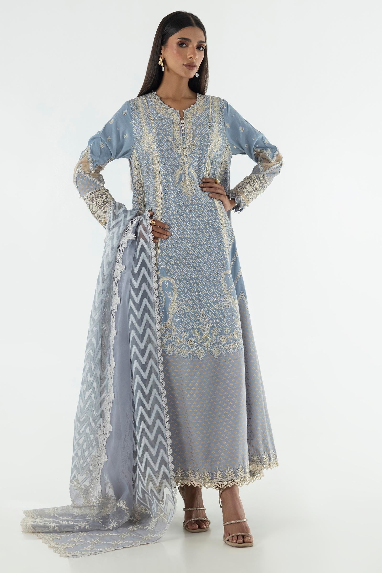 Stitched Blue Embroidered Shirt+Trouser+Dupatta Main image