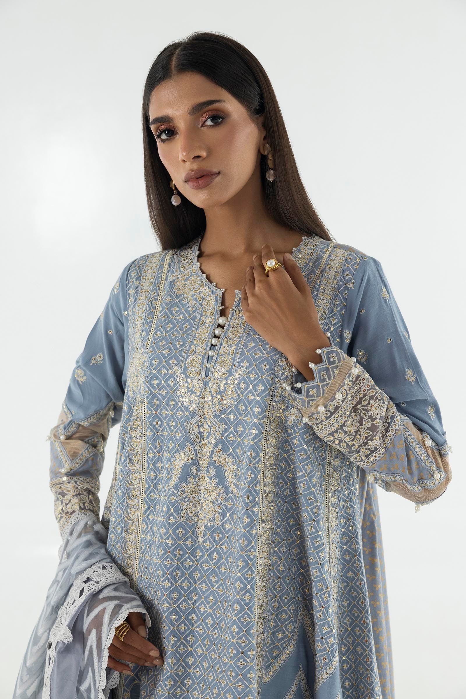 Stitched Blue Embroidered Shirt+Trouser+Dupatta