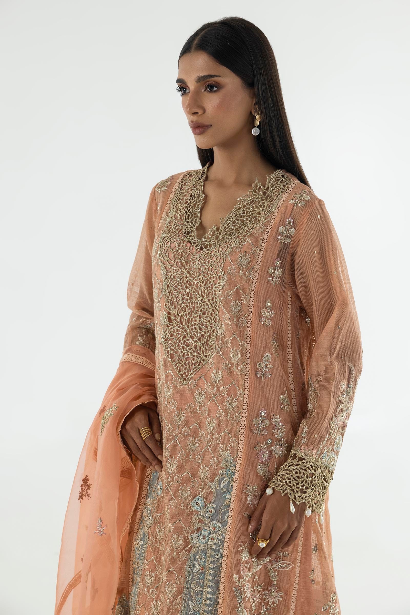 Stitched Pink Embroidered Shirt + Shalwar + Dupatta