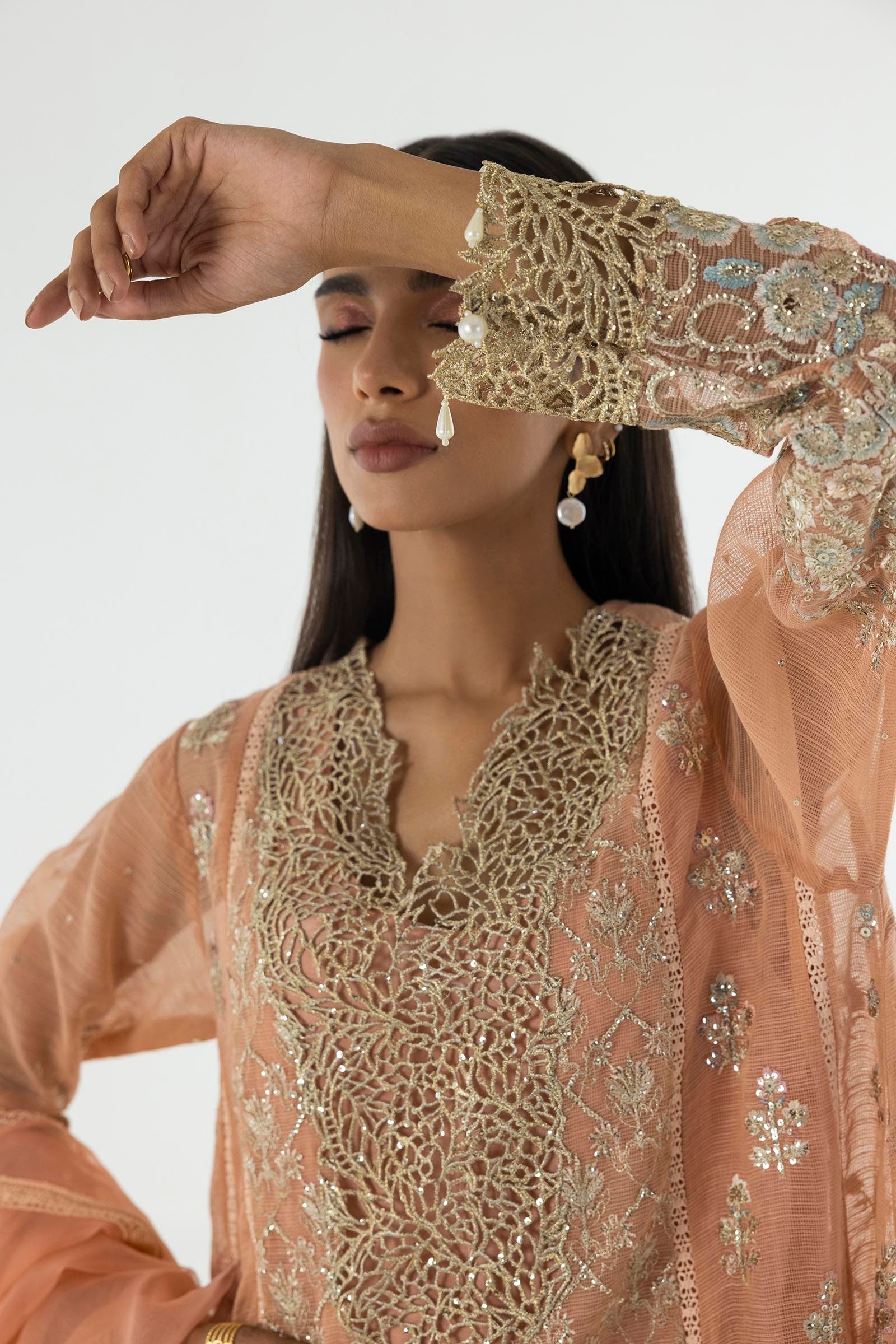 Stitched Pink Embroidered Shirt + Shalwar + Dupatta