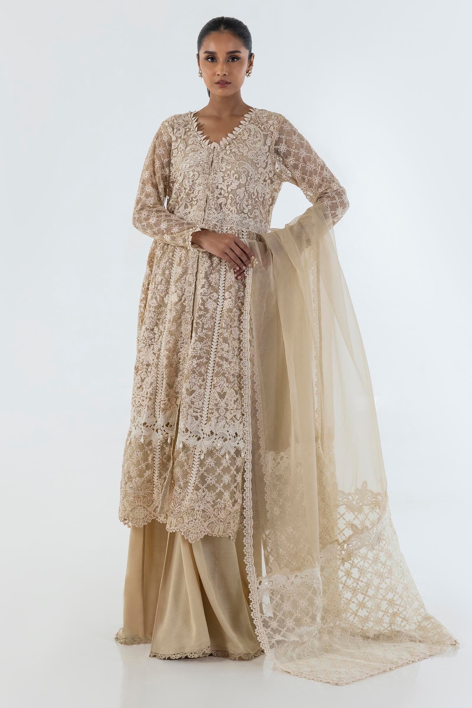Stitched Beige Embroidered Shirt + Plazo + Dupatta Main image