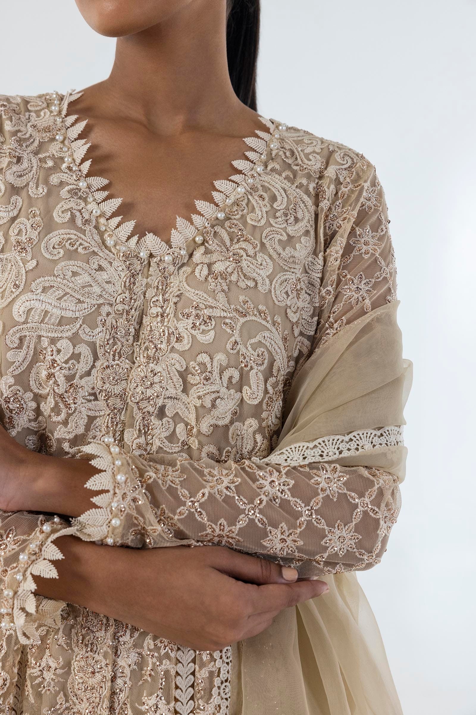 Stitched Beige Embroidered Shirt + Plazo + Dupatta Secondary image