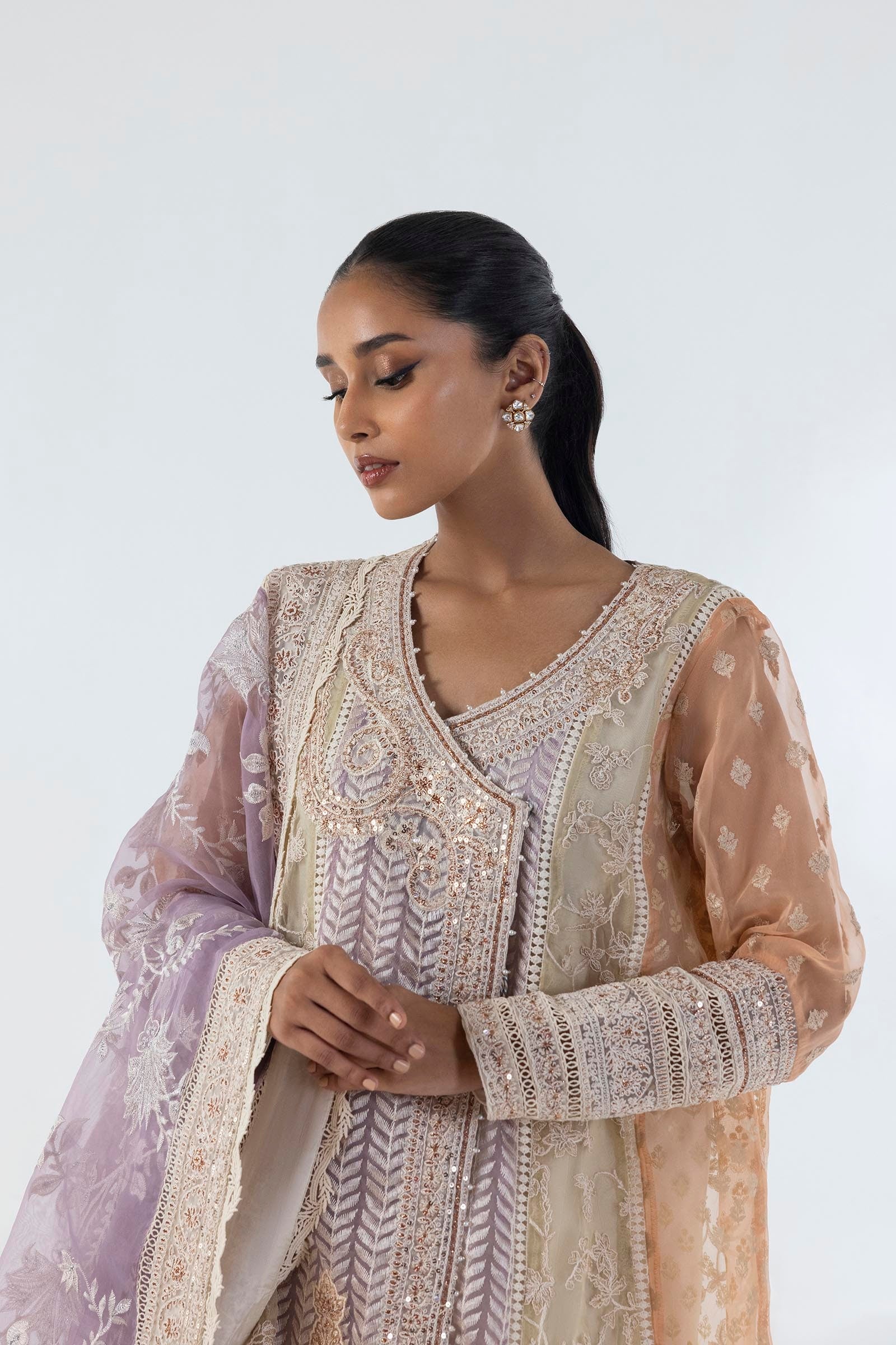 Stitched Angrakha Embroidered Shirt + Shalwar + Dupatta Secondary image