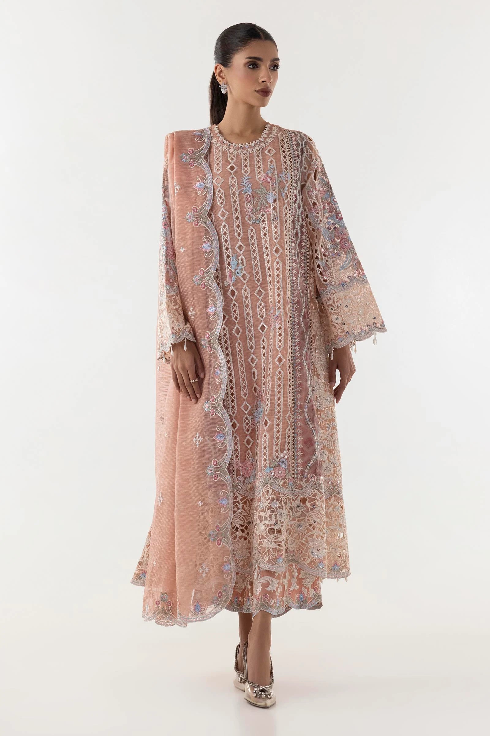 Stitched Pink Embroidered Shirt + Culotte + Dupatta Main image