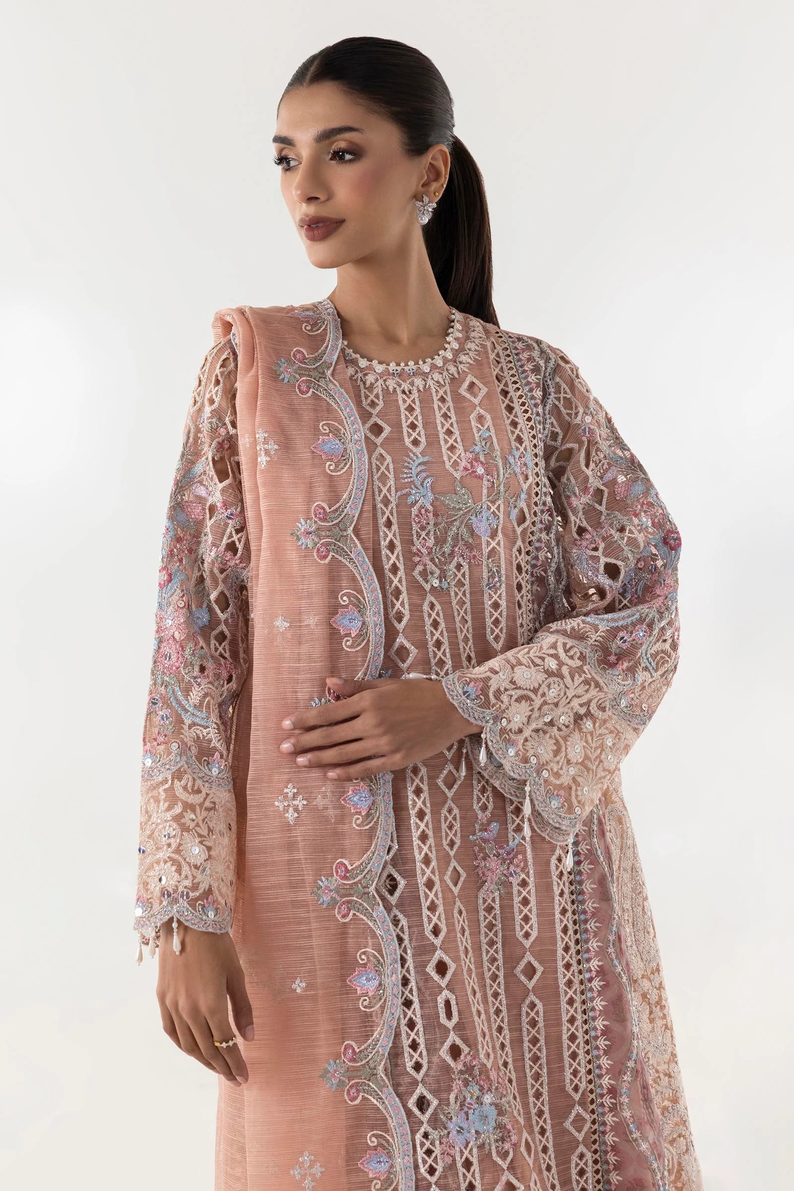 Stitched Pink Embroidered Shirt + Culotte + Dupatta