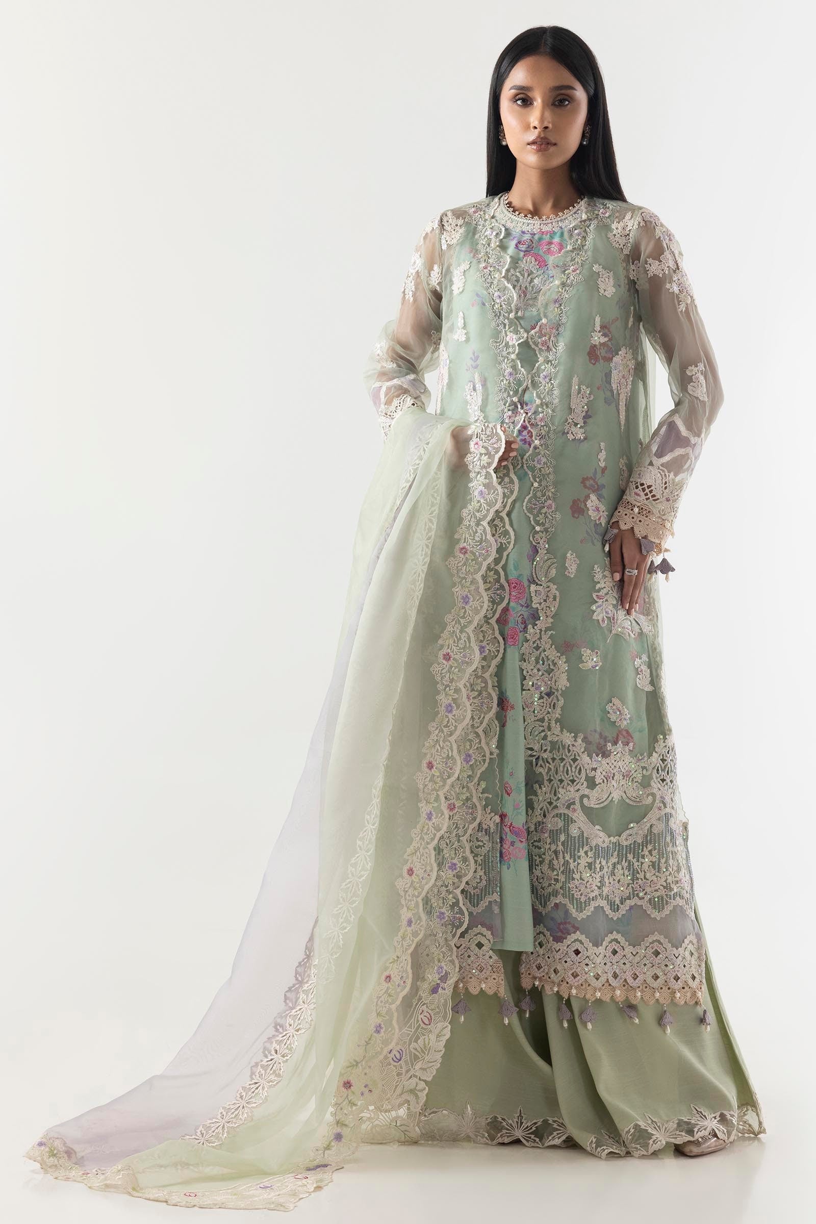 Stitched Green Basic Embroidered Shirt+Dupatta+Plazo Main image