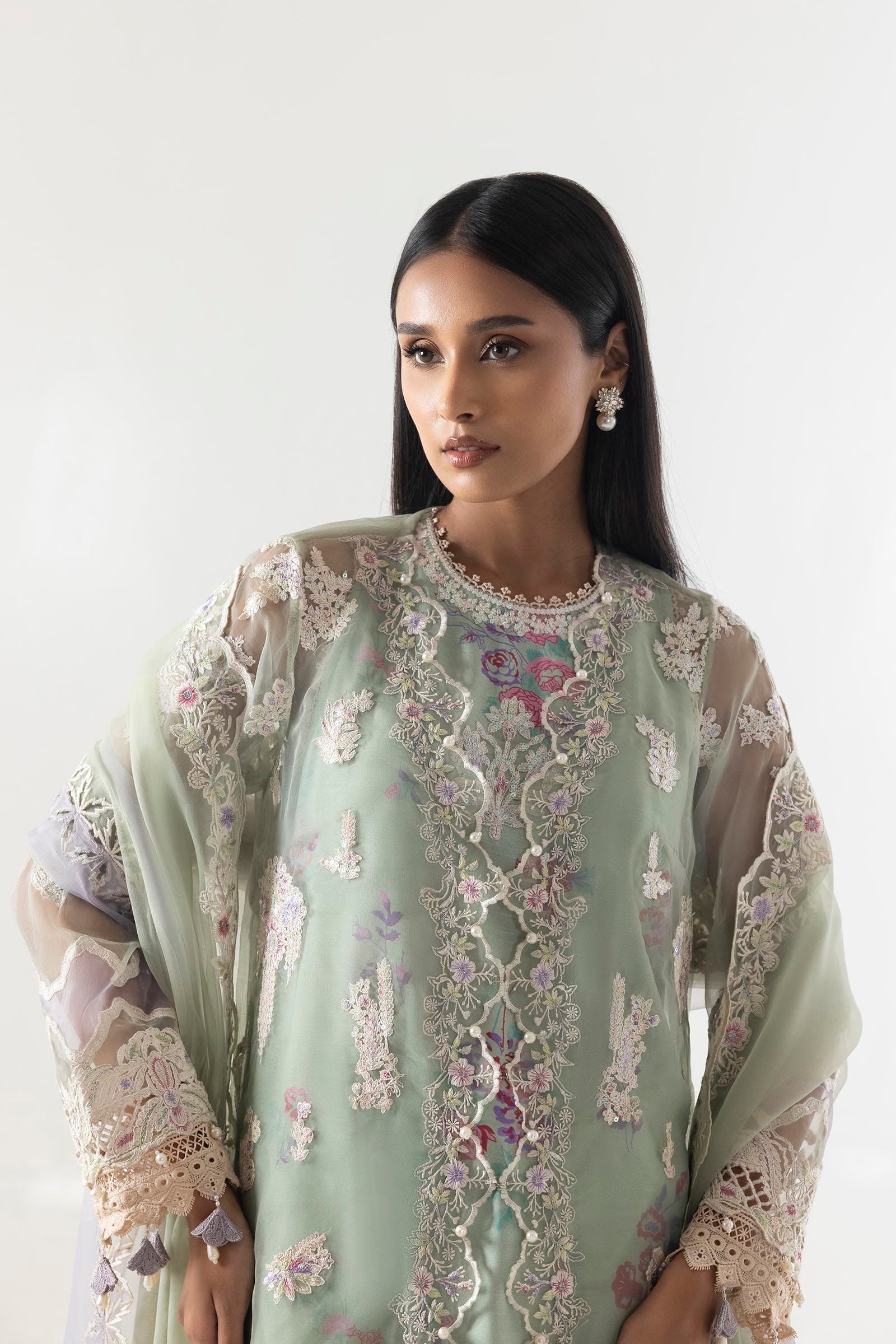 Stitched Green Basic Embroidered Shirt+Dupatta+Plazo Secondary image