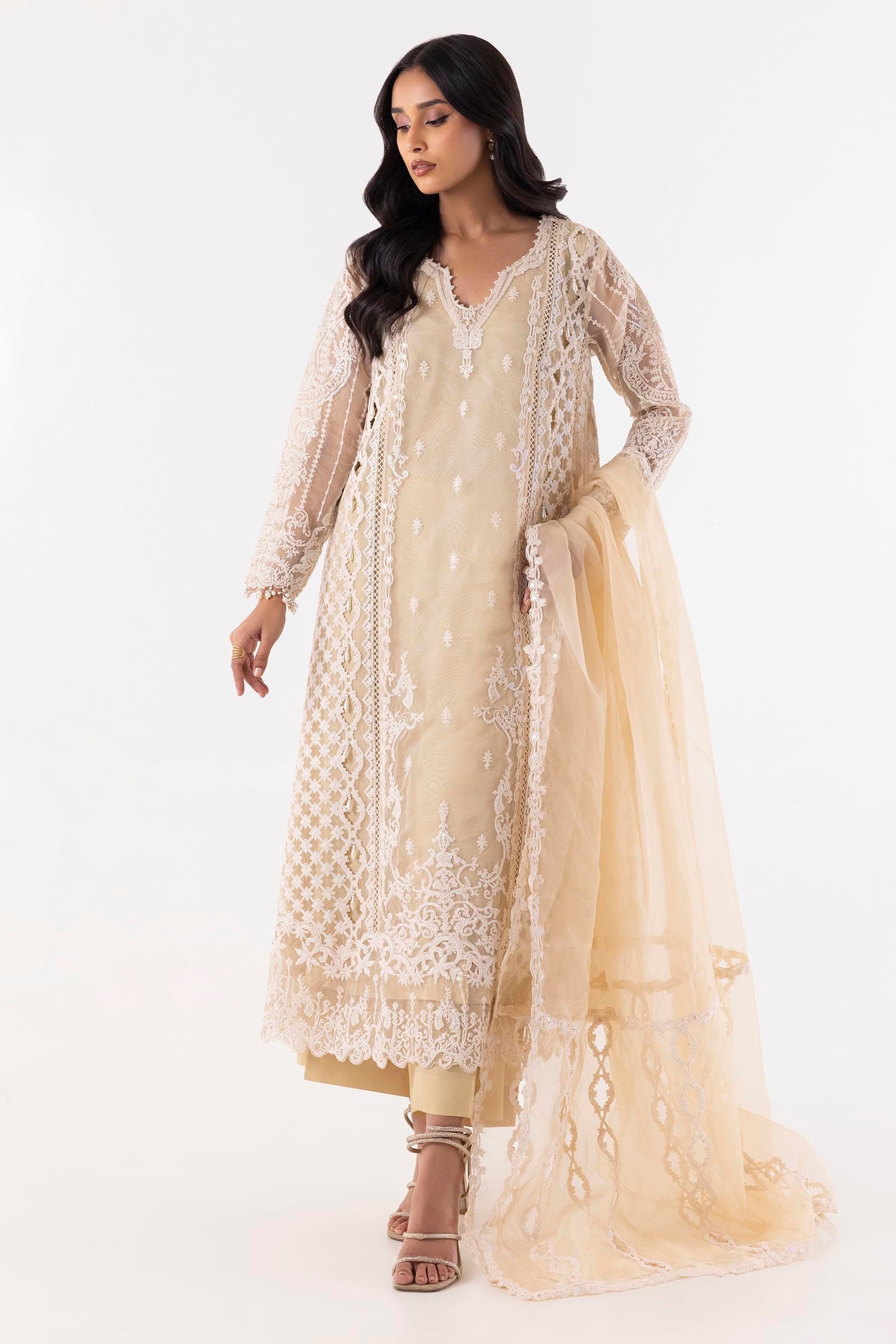 Stitched Beige Embroidered Shirt + Culotte + Dupatta Main image