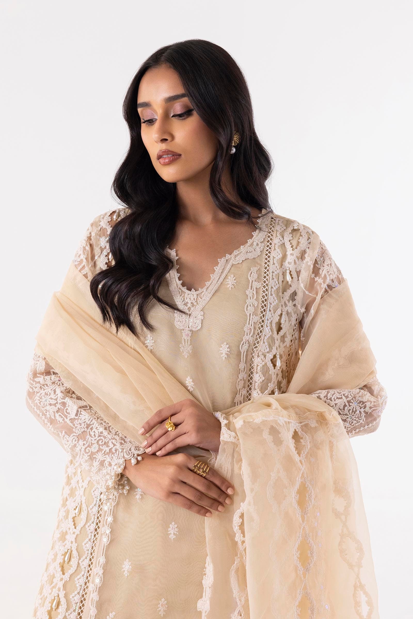 Stitched Beige Embroidered Shirt + Culotte + Dupatta Secondary image
