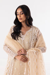 Stitched Beige Embroidered Shirt + Culotte + Dupatta