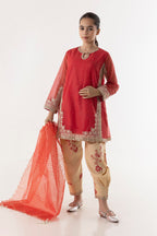 Stitched Red Embroidered Shirt + Bottom + Dupatta