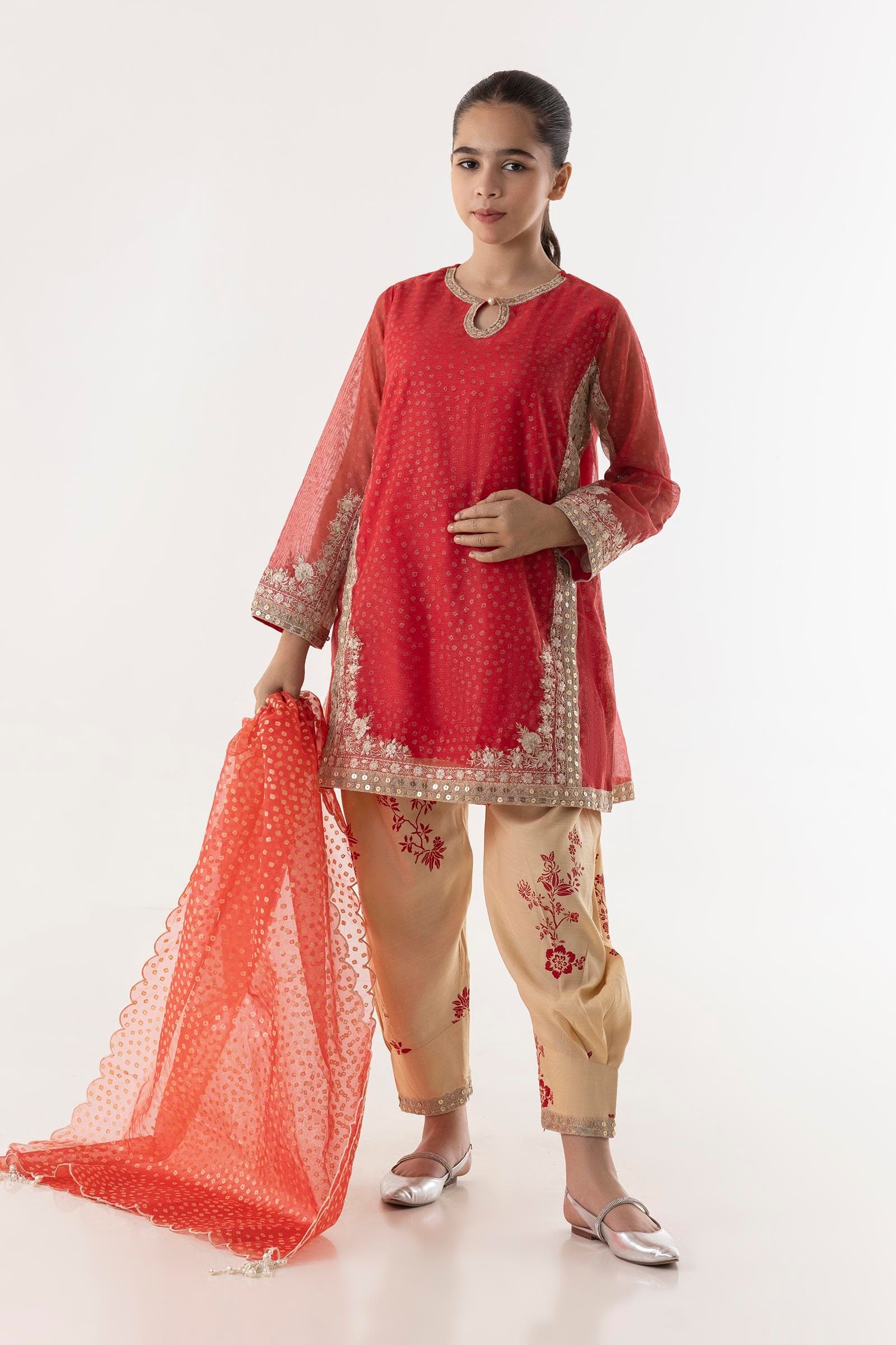 Stitched Red Embroidered Shirt + Bottom + Dupatta