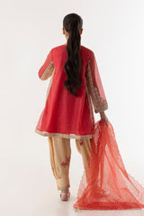 Stitched Red Embroidered Shirt + Bottom + Dupatta