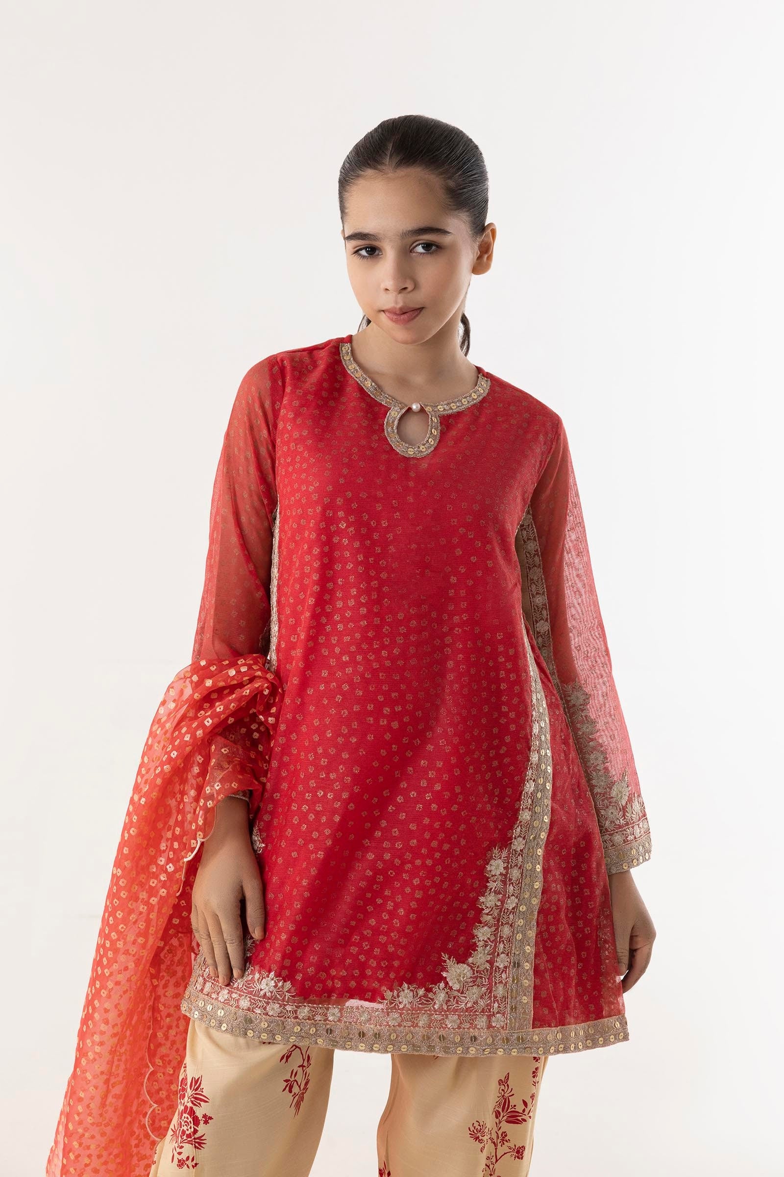Stitched Red Embroidered Shirt + Bottom + Dupatta Secondary image