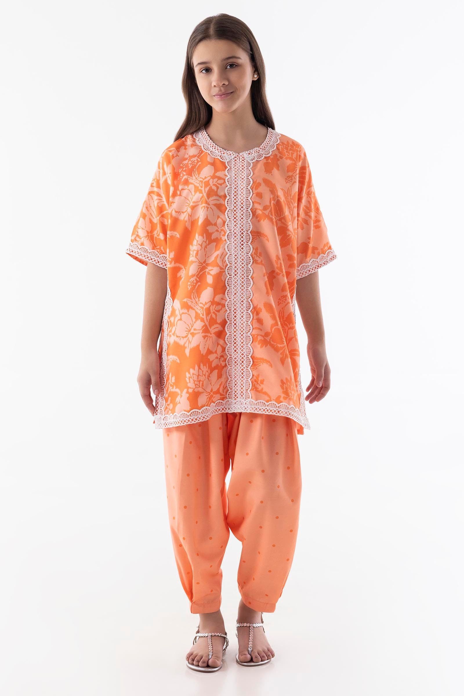 Stitched Kids Orange Printed Shirt + Shalwar Main image