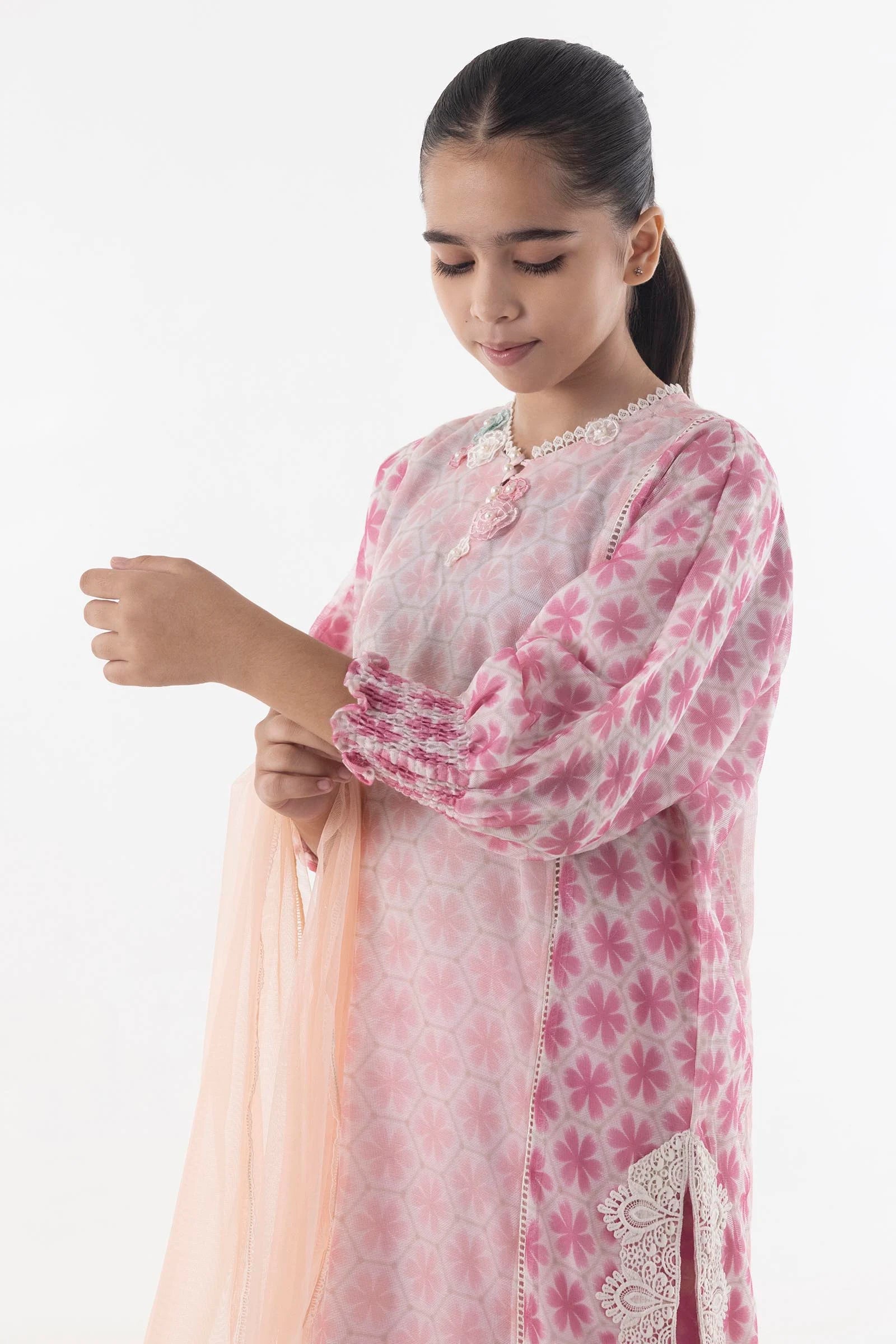 Stitched Kids Floral Printed Shirt + Shalwar + Dupatta