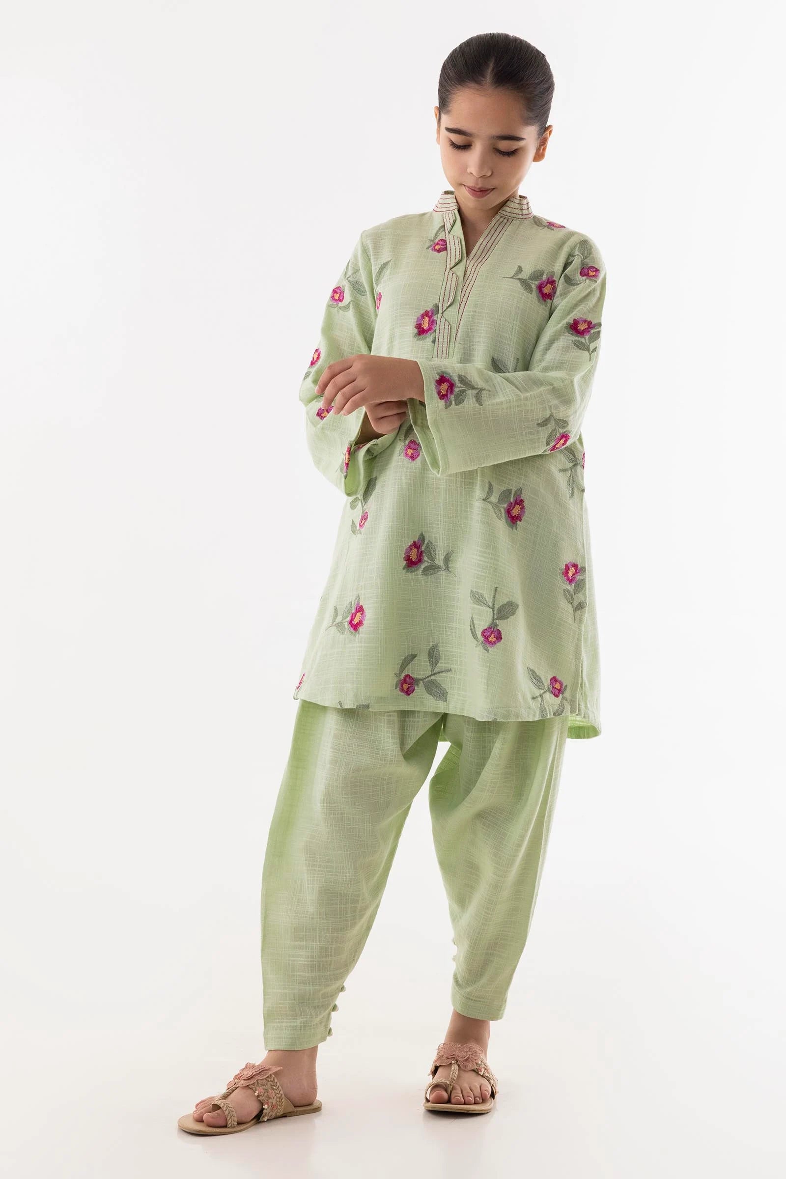 Stitched Kids Green Slub Shirt + Shalwar Main image