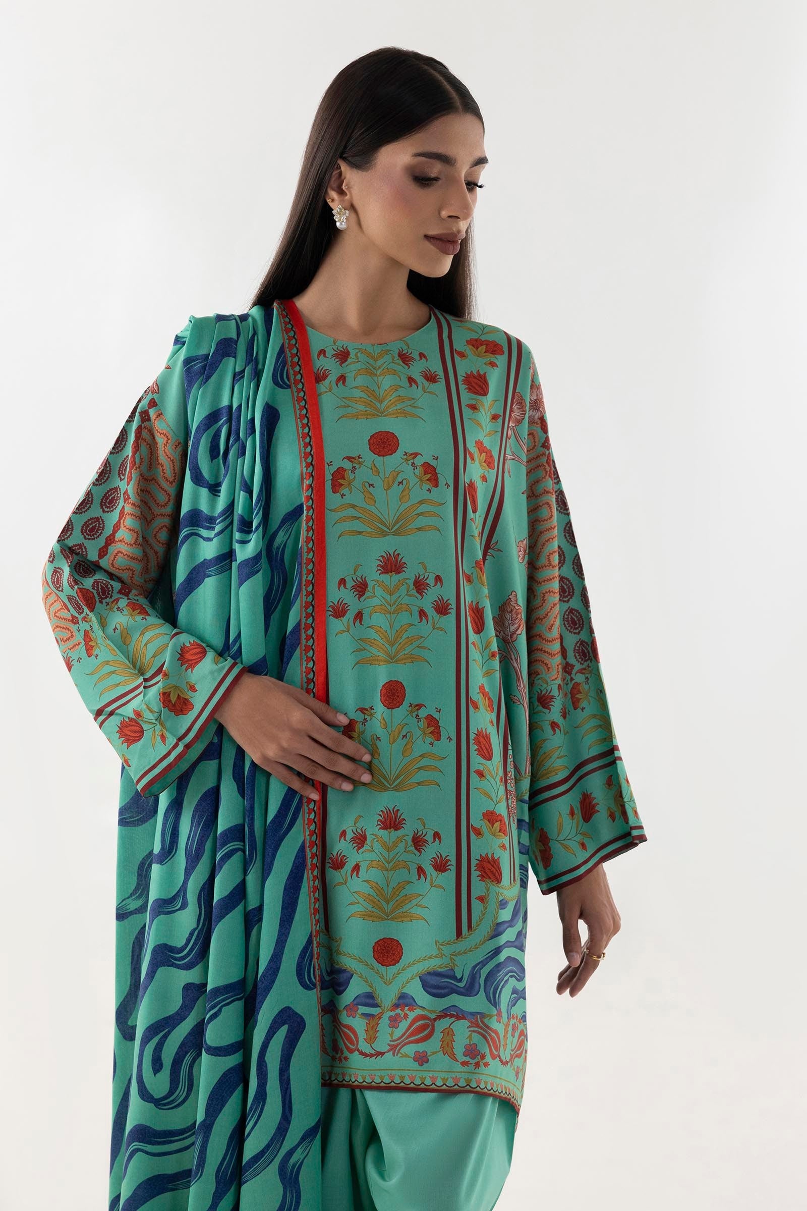 Stitched Multi Printed Shirt + Shalwar + Dupatta