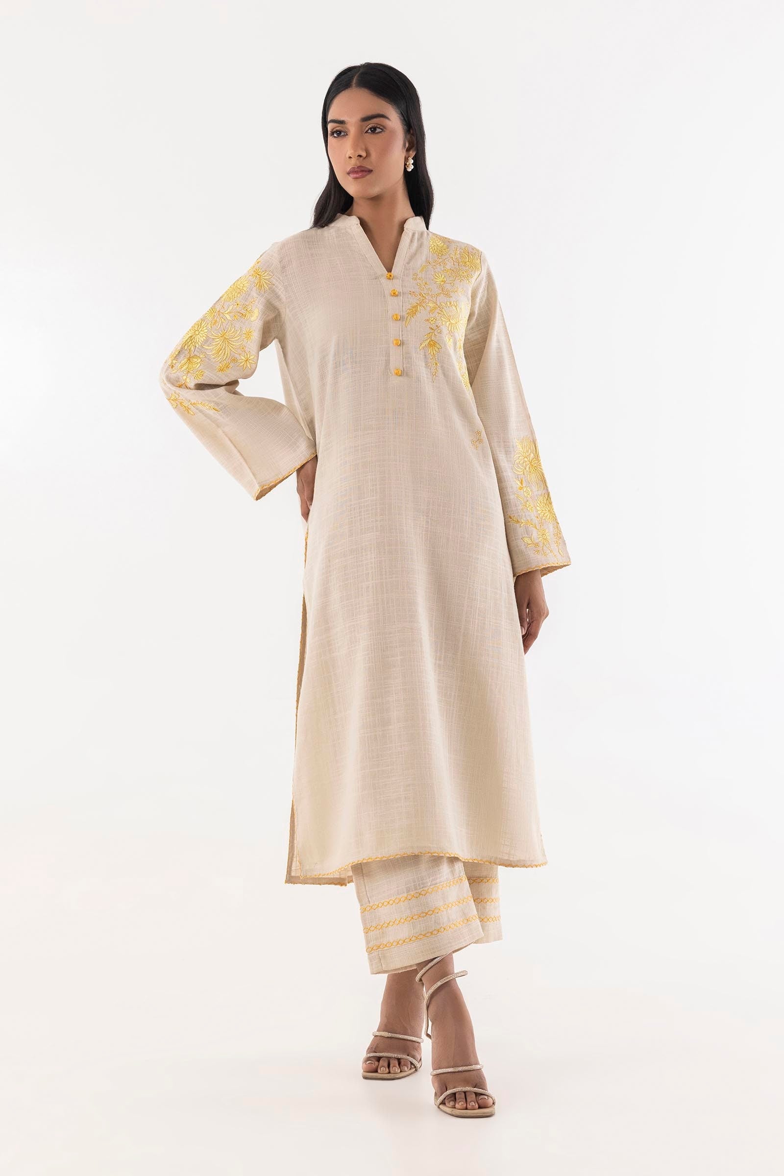 Stitched Beige Slub Embroidered Shirt Main image