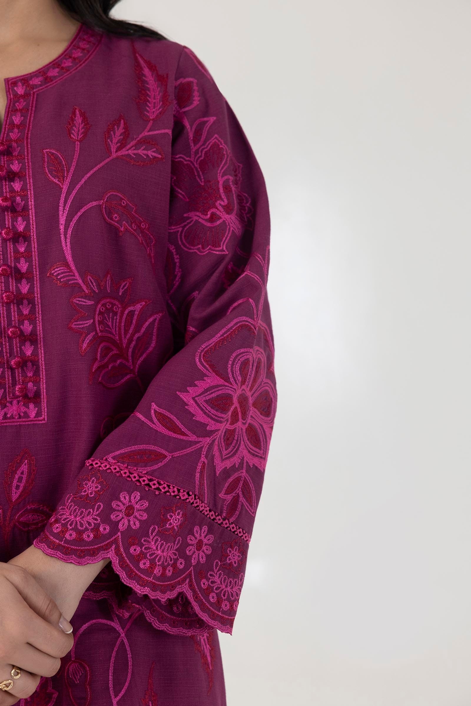 Stitched Dark Pink Embroidered Shirt + Culotte