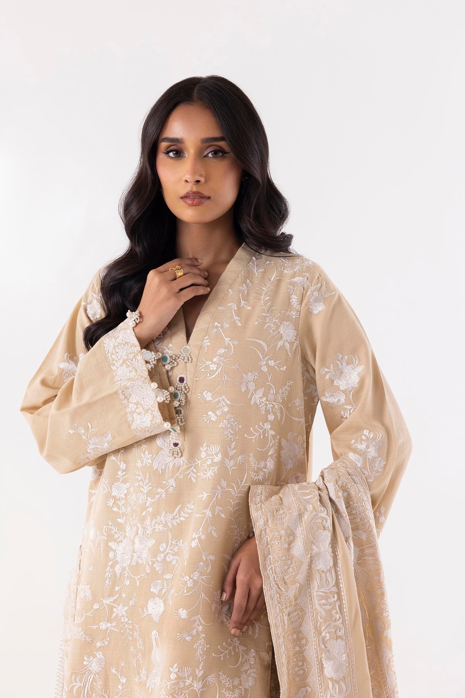 Stitched Beige Emboidered Shirt