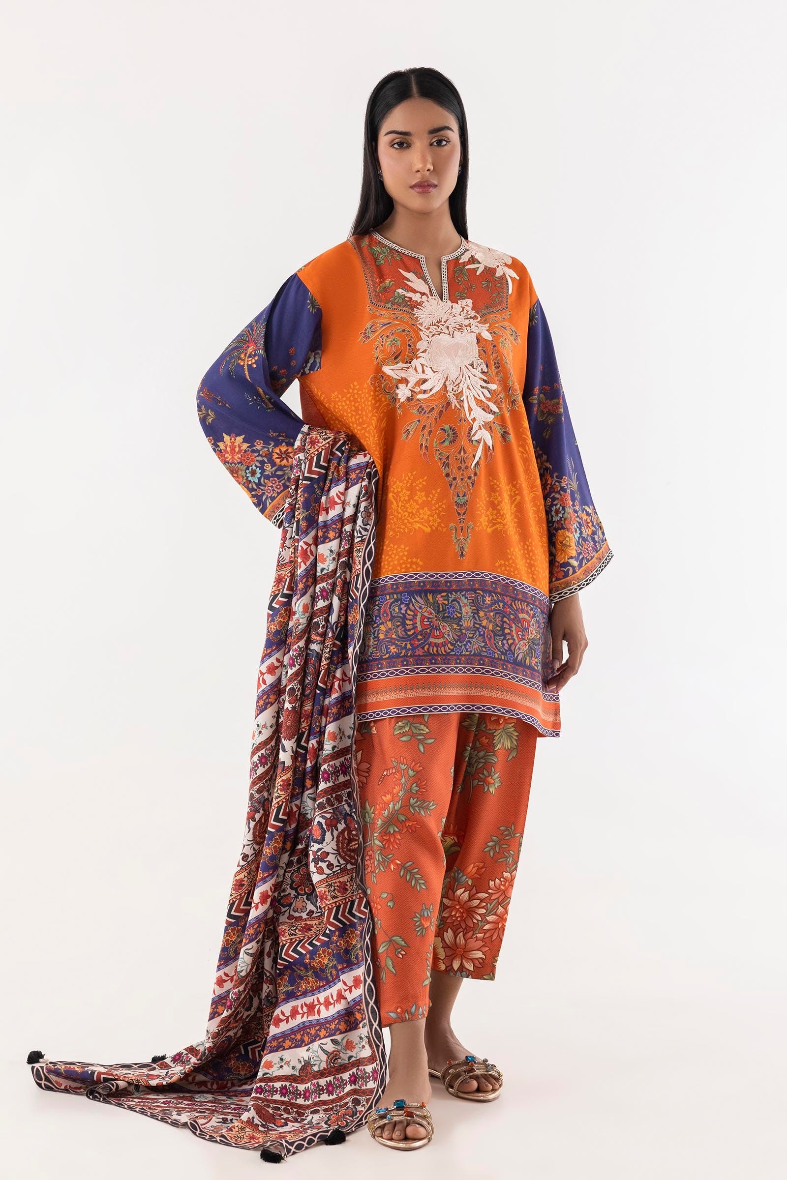 Stitched Multi Raw Silk Embroidered Suit Main image
