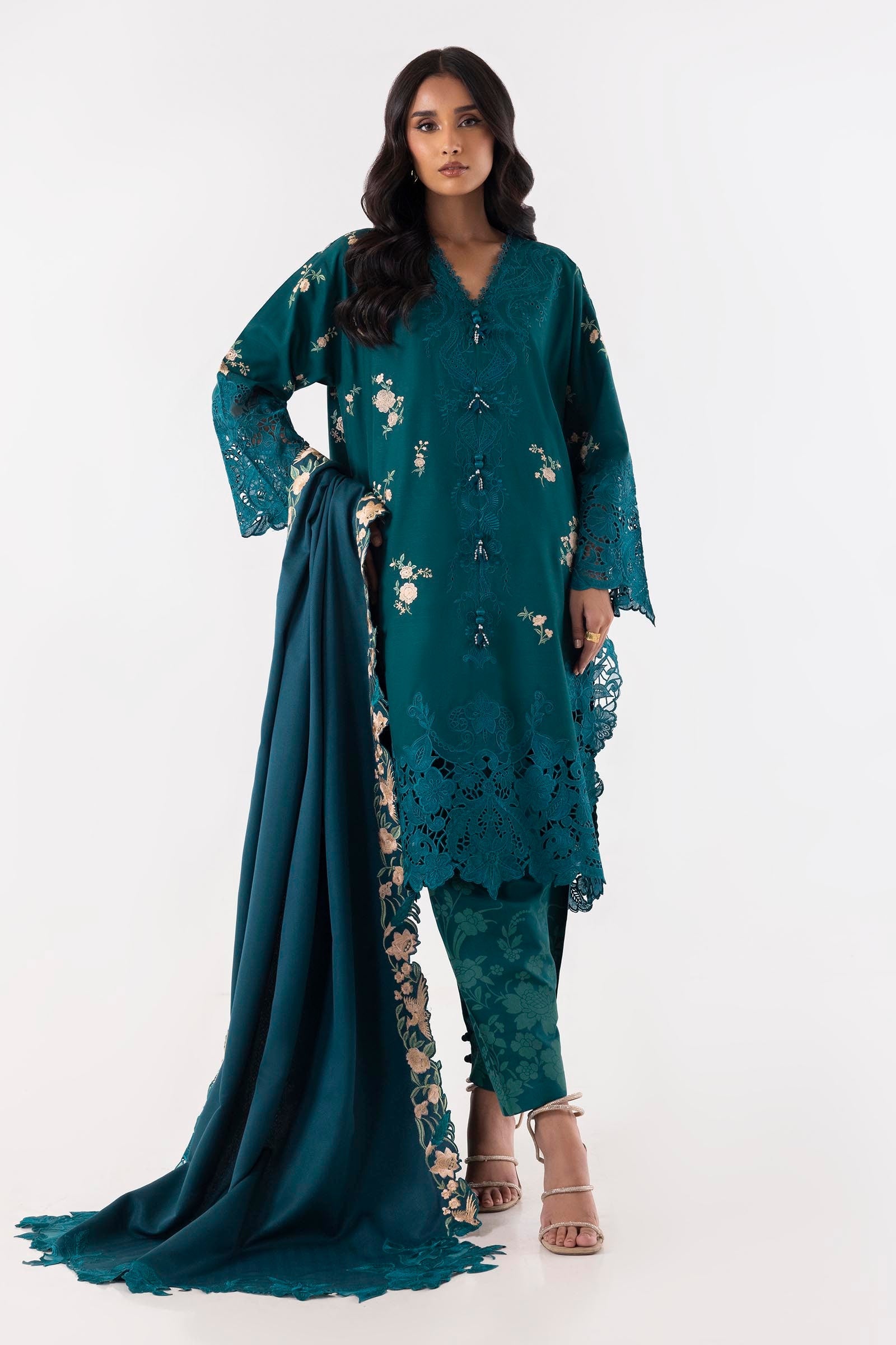 Stitched Green Embroidered Shirt + Shalwar + Dupatta Main image