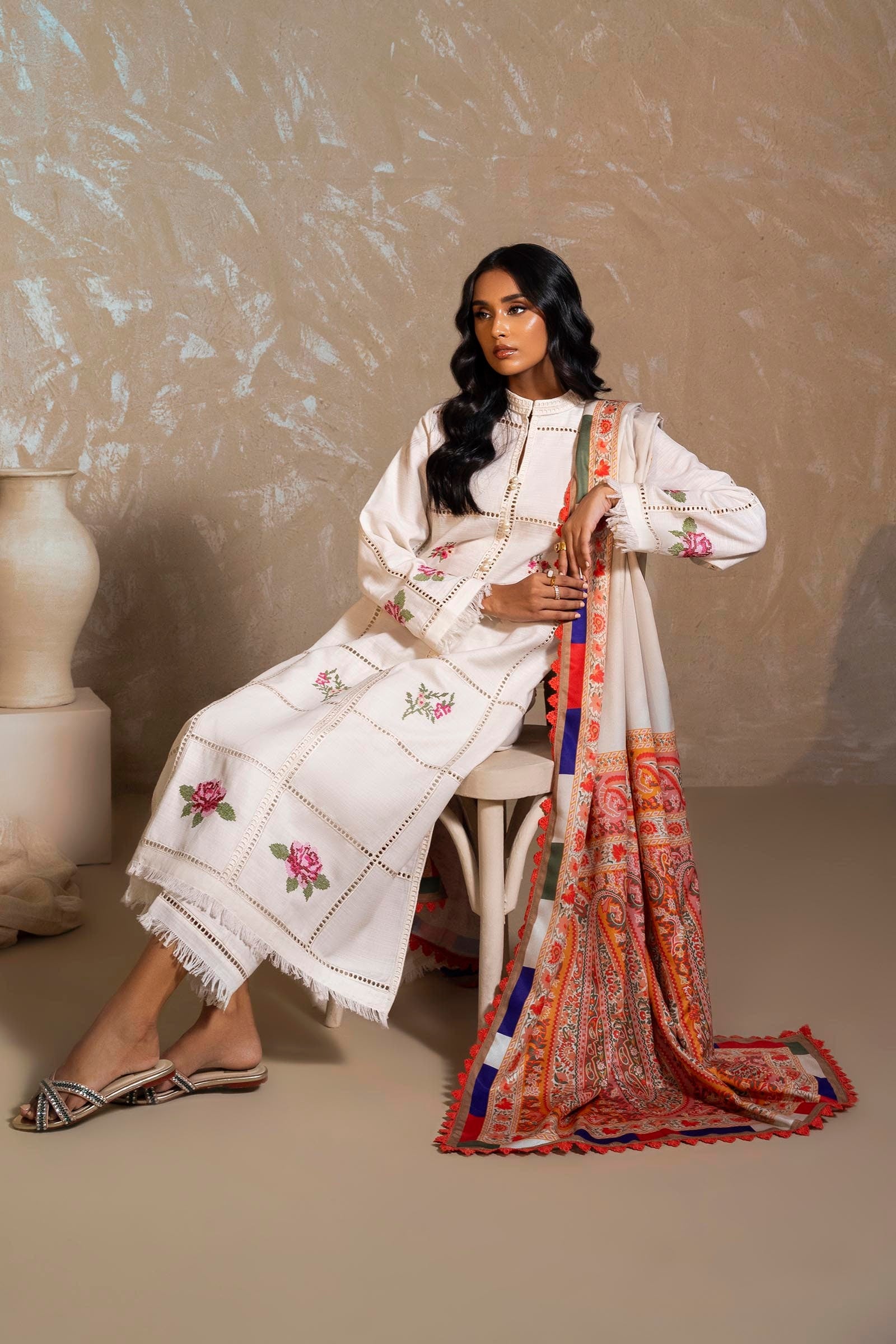 Stitched Off White Embroidered Shirt + Culotte