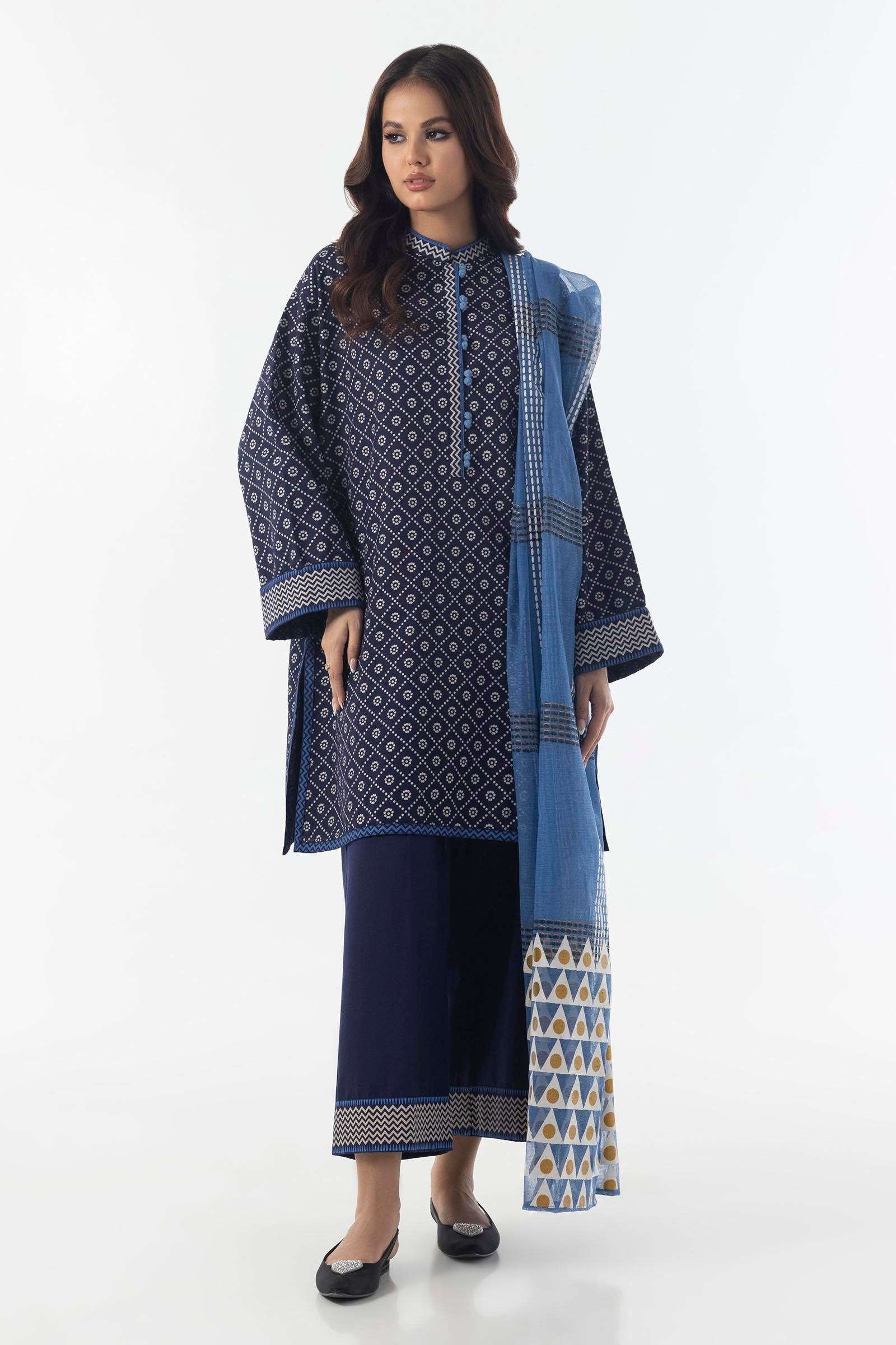 Stitched Navy blue Boxy Printed Shirt+Culotte+Dupatta Main image