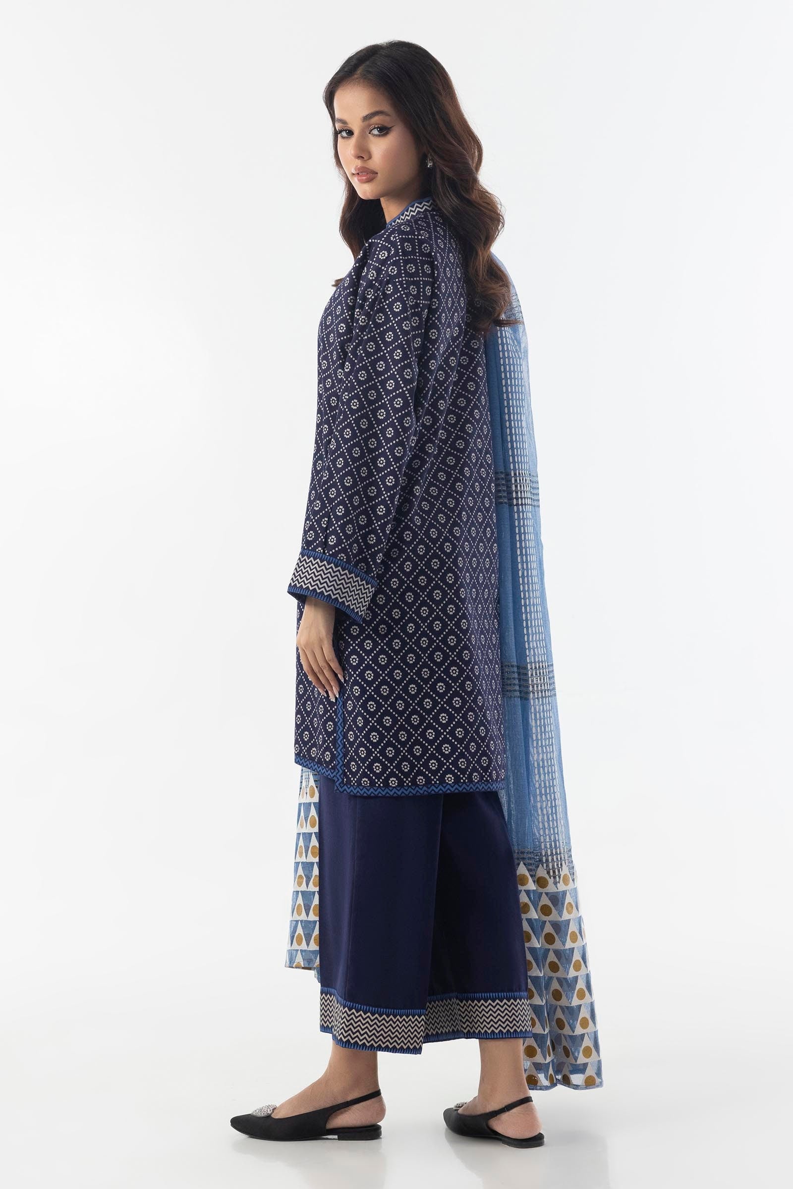 Stitched Navy blue Boxy Printed Shirt+Culotte+Dupatta Secondary image
