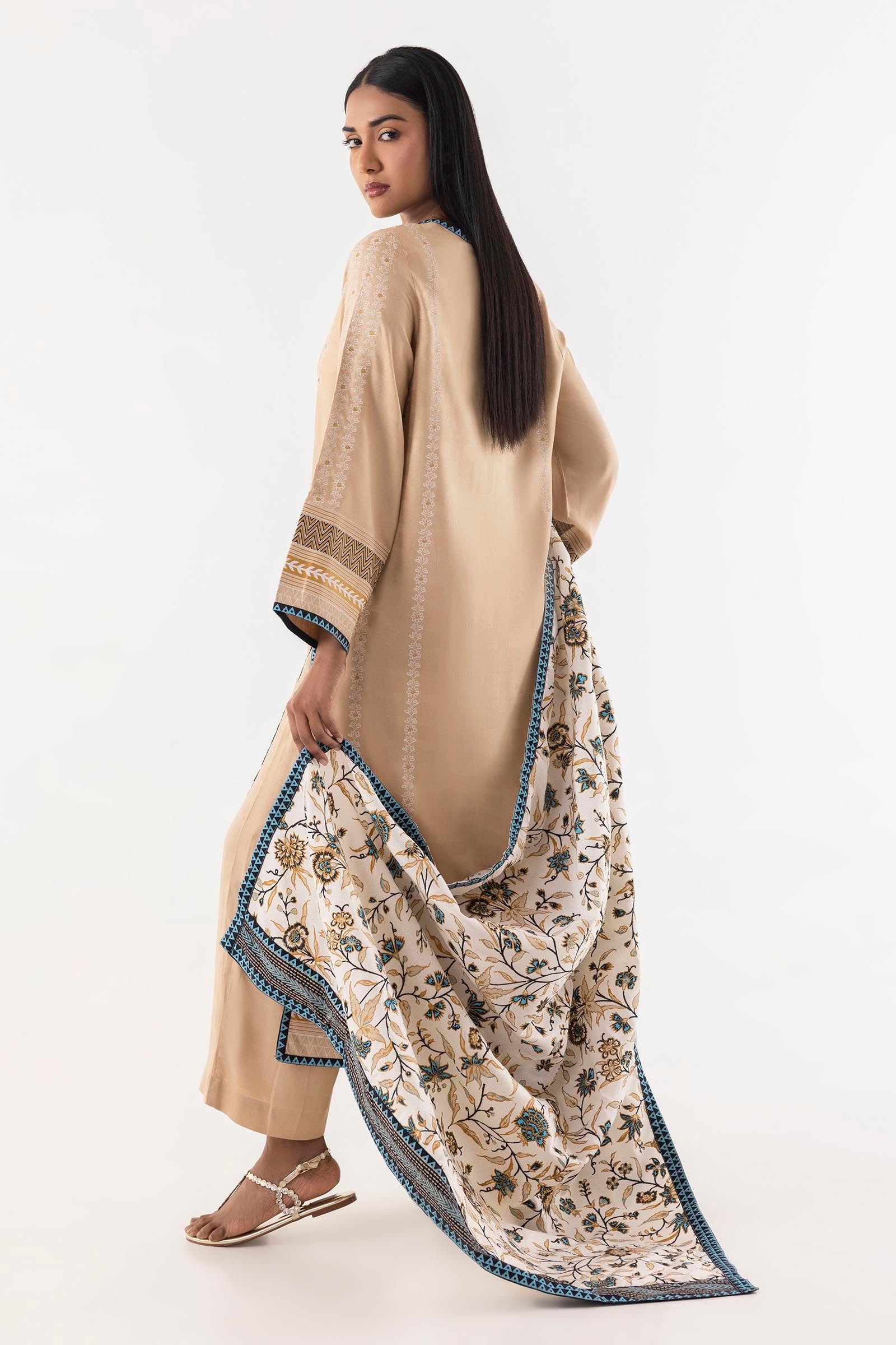 Stitched Beige Basic Printed Suit